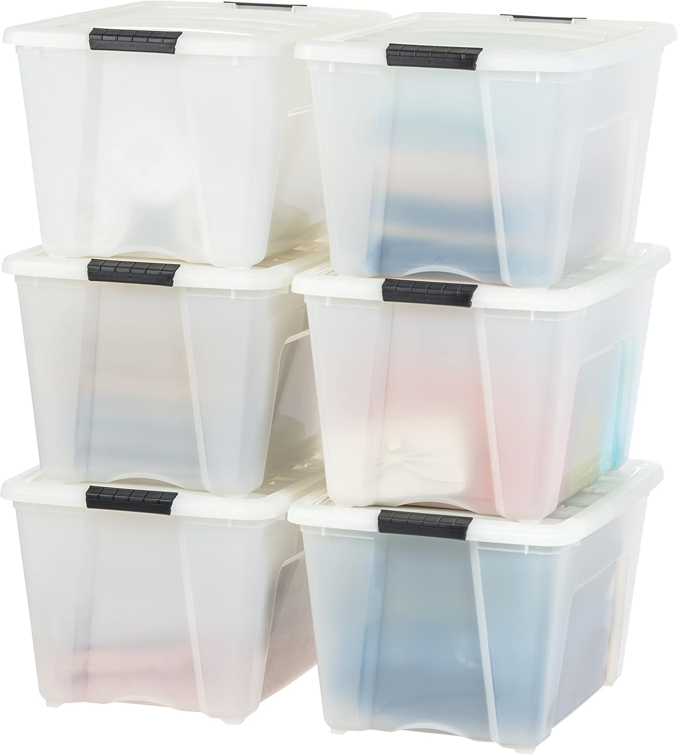 IRIS USA 54 Qt Stackable Plastic Storage Bins with Lids, 6 Pack - BPA-Free, Made in USA - See-Through Organizing Solution, Latches, Durable Nestable Containers, Secure Pull Handle - Clear