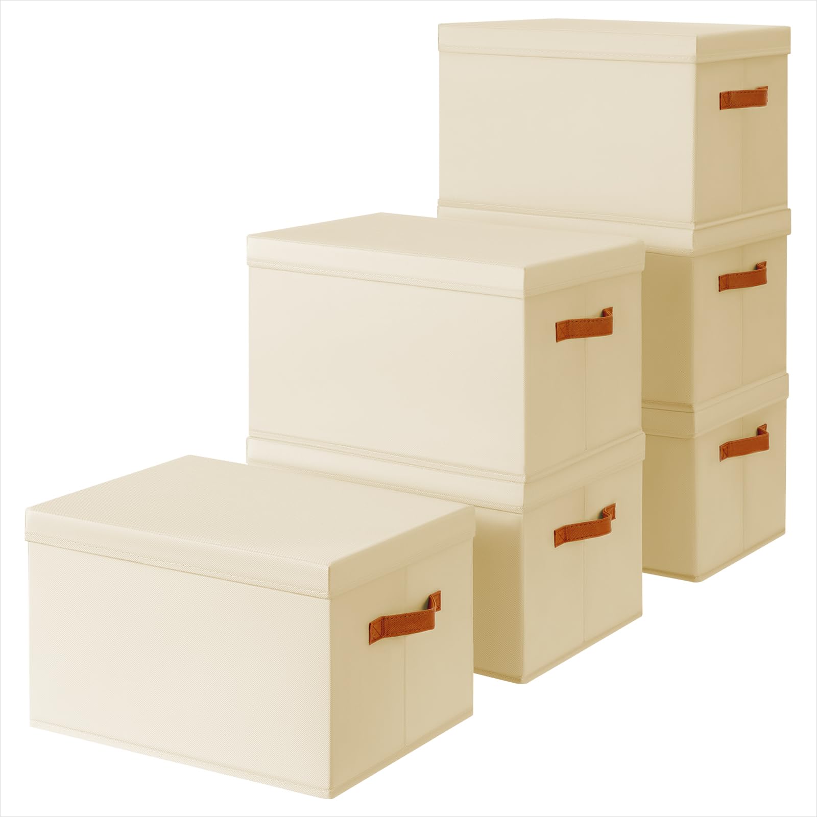Homsorout Storage Bins with Lids - Fabric Storage Baskets for Shelves, 6 Pack Foldable Decorative Boxes with Handles, Stackable Organizer Bins for Home, Nursery, Dorm, Beige