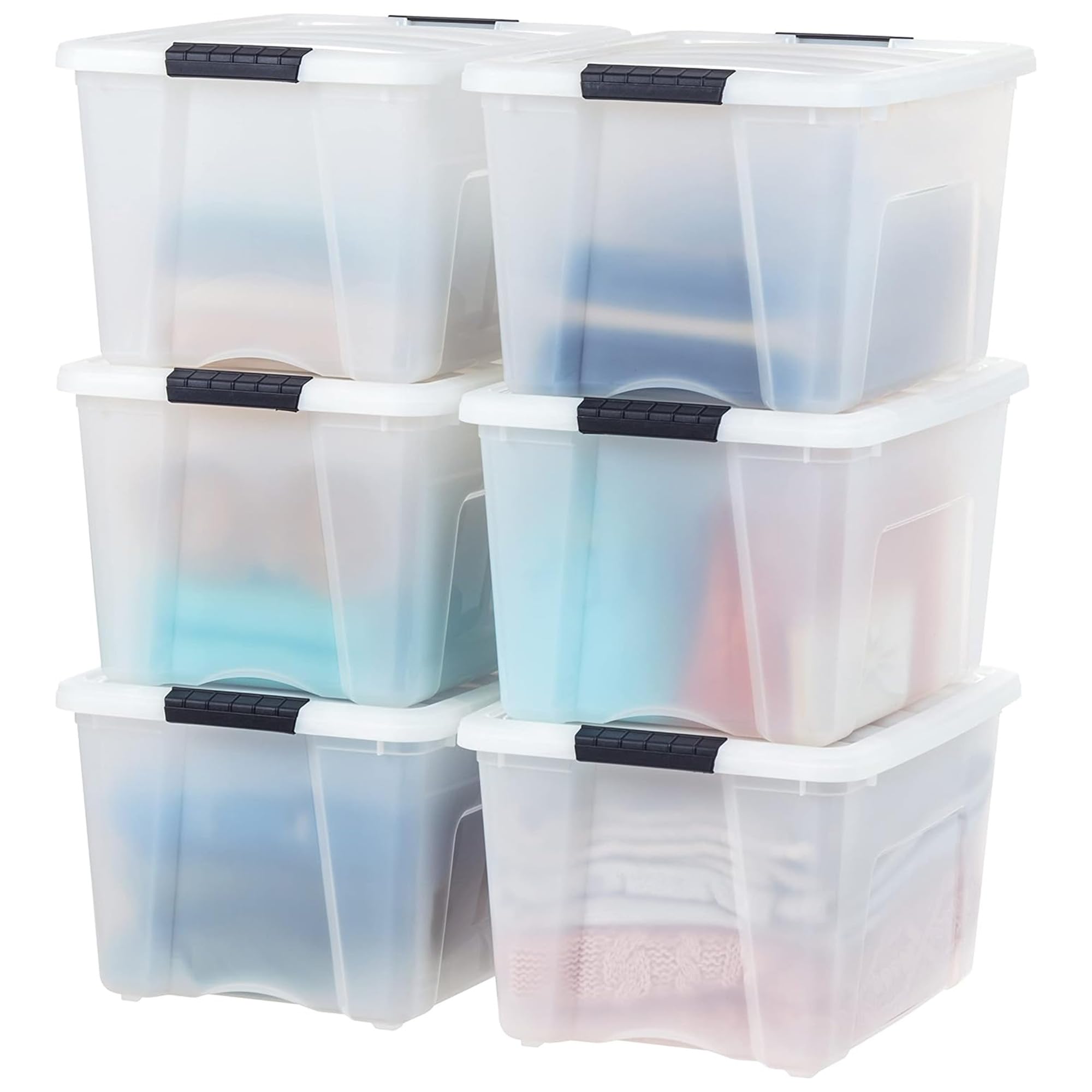 IRIS USA 54 Qt Stackable Plastic Storage Bins with Lids, 6 Pack - BPA-Free, Made in USA - See-Through Organizing Solution, Latches, Durable Nestable Containers, Secure Pull Handle - Clear