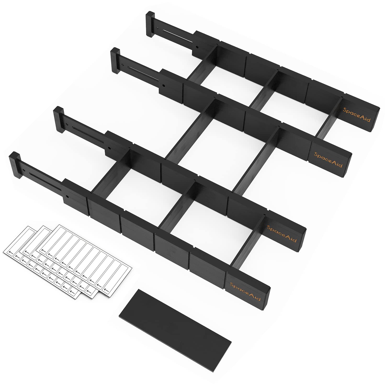 SpaceAid Bamboo Drawer Dividers with Inserts and Labels, Kitchen Adjustable Drawer Organizers, Expandable Organization for Home, Office, Dressers, 4 Dividers with 9 Inserts (17"-22" Black)