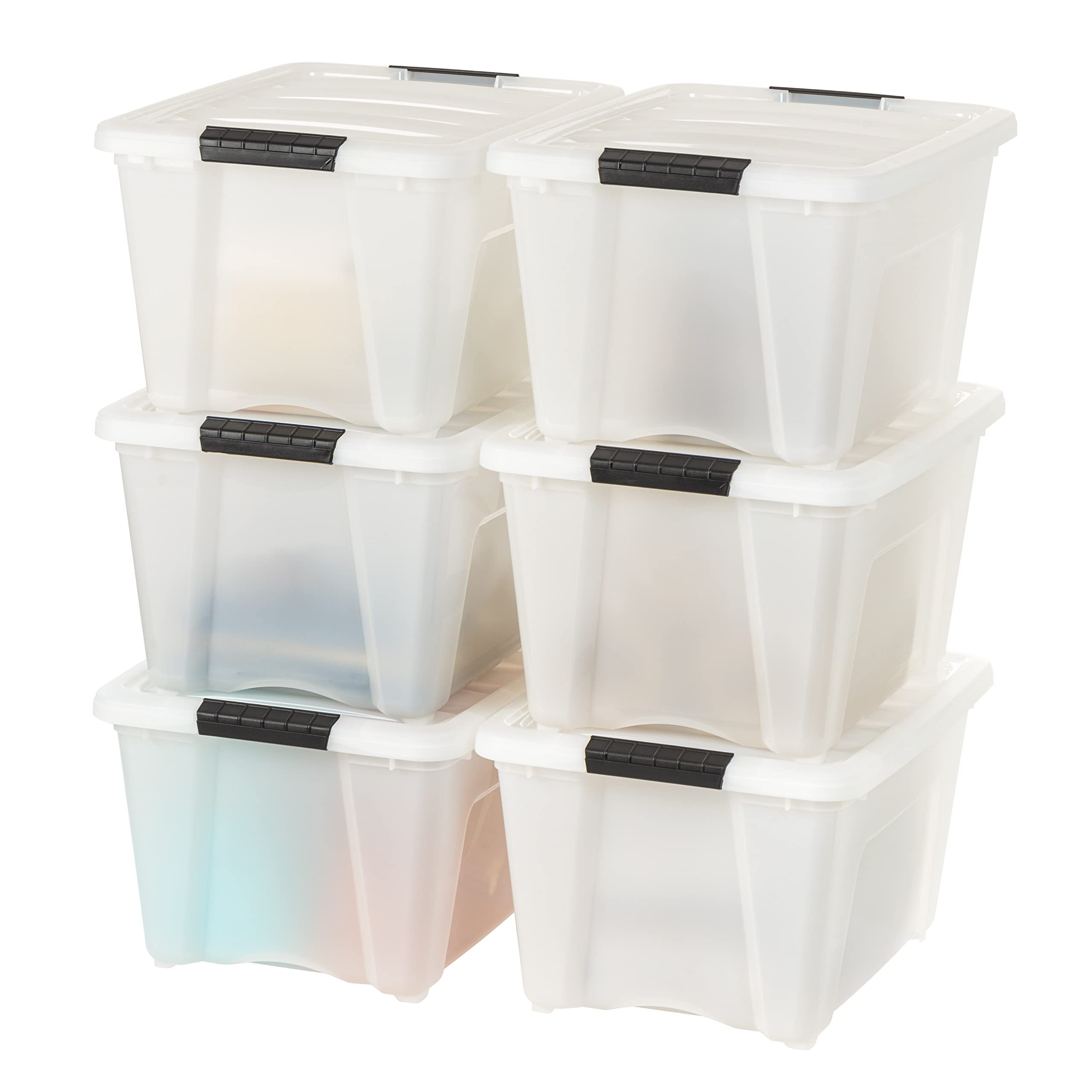 IRIS USA 54 Qt Stackable Plastic Storage Bins with Lids, 6 Pack - BPA-Free, Made in USA - See-Through Organizing Solution, Latches, Durable Nestable Containers, Secure Pull Handle - Clear