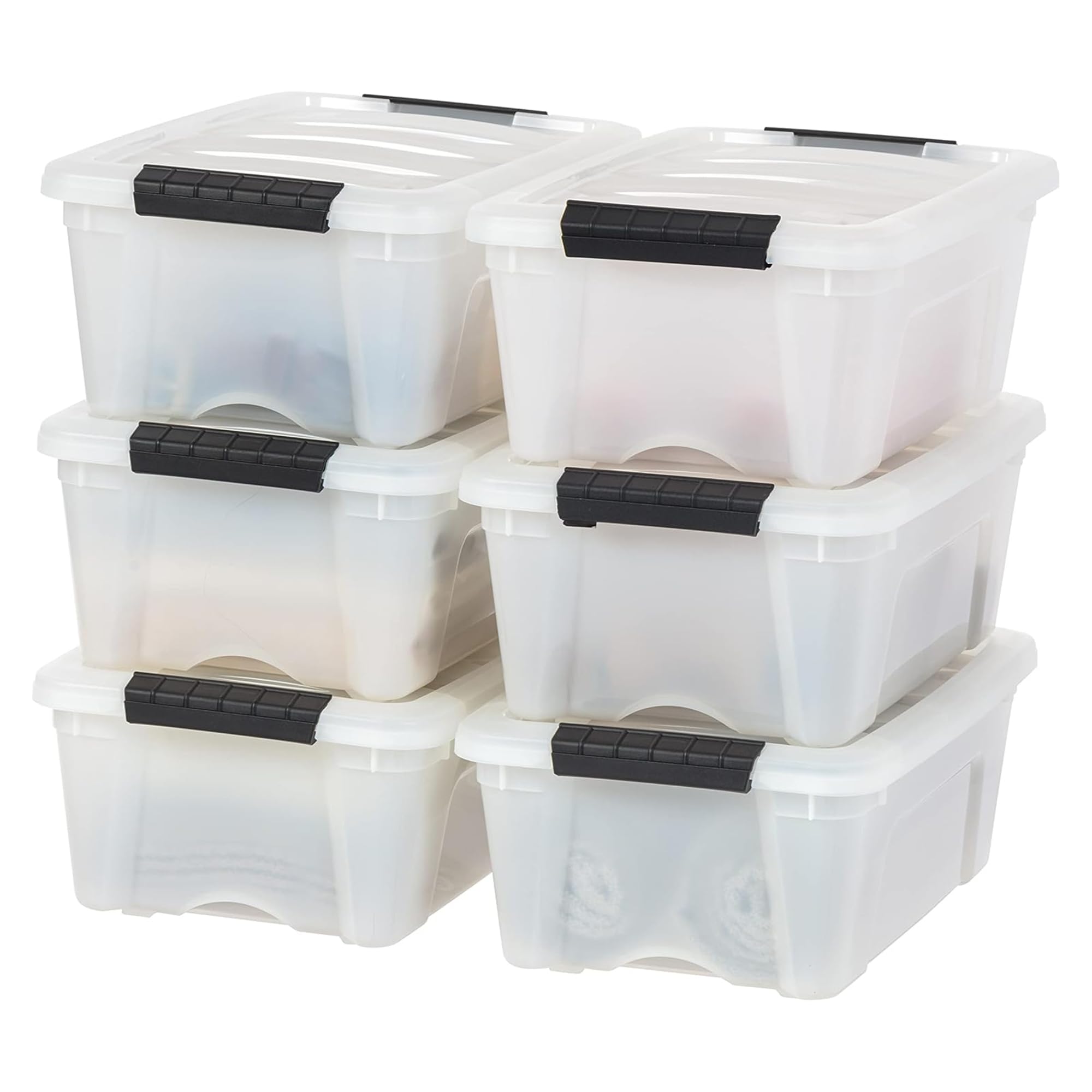 IRIS USA 54 Qt Stackable Plastic Storage Bins with Lids, 6 Pack - BPA-Free, Made in USA - See-Through Organizing Solution, Latches, Durable Nestable Containers, Secure Pull Handle - Clear