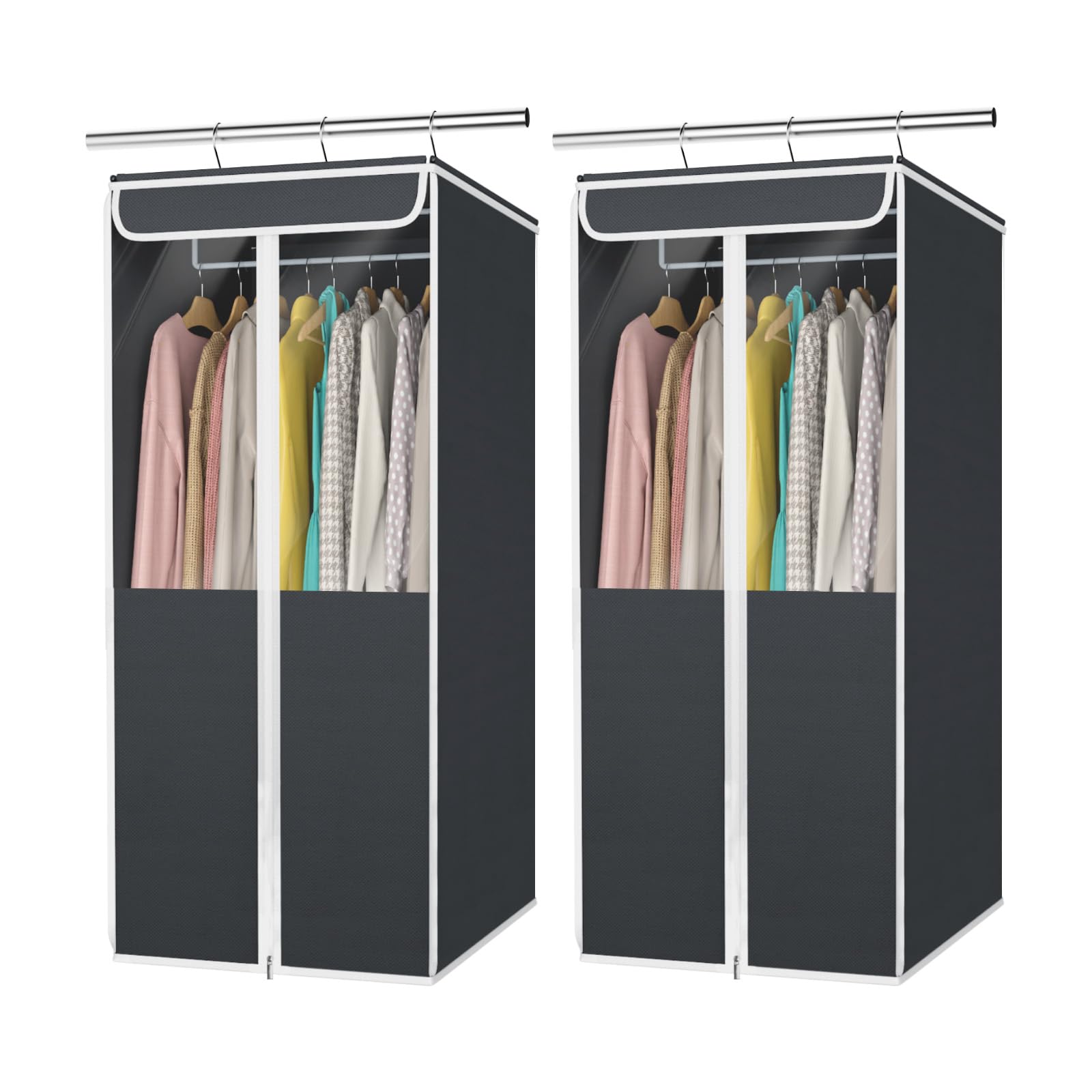 Univivi Garment Bags for Hanging Clothes, 2 Pack Large Clothes Storage Bags Closet Organizer with Clear Window, Premium Hanging Garment Storage Bag for Suits, Coats, Dresses, 54" (Dark Grey)