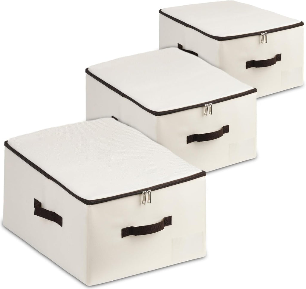 AMJ Fabric Storage Bin with Lid – Foldable for Clothes, Blankets – Beige Storage Box – Wardrobe-Optimized & Breathable (Set of 3)