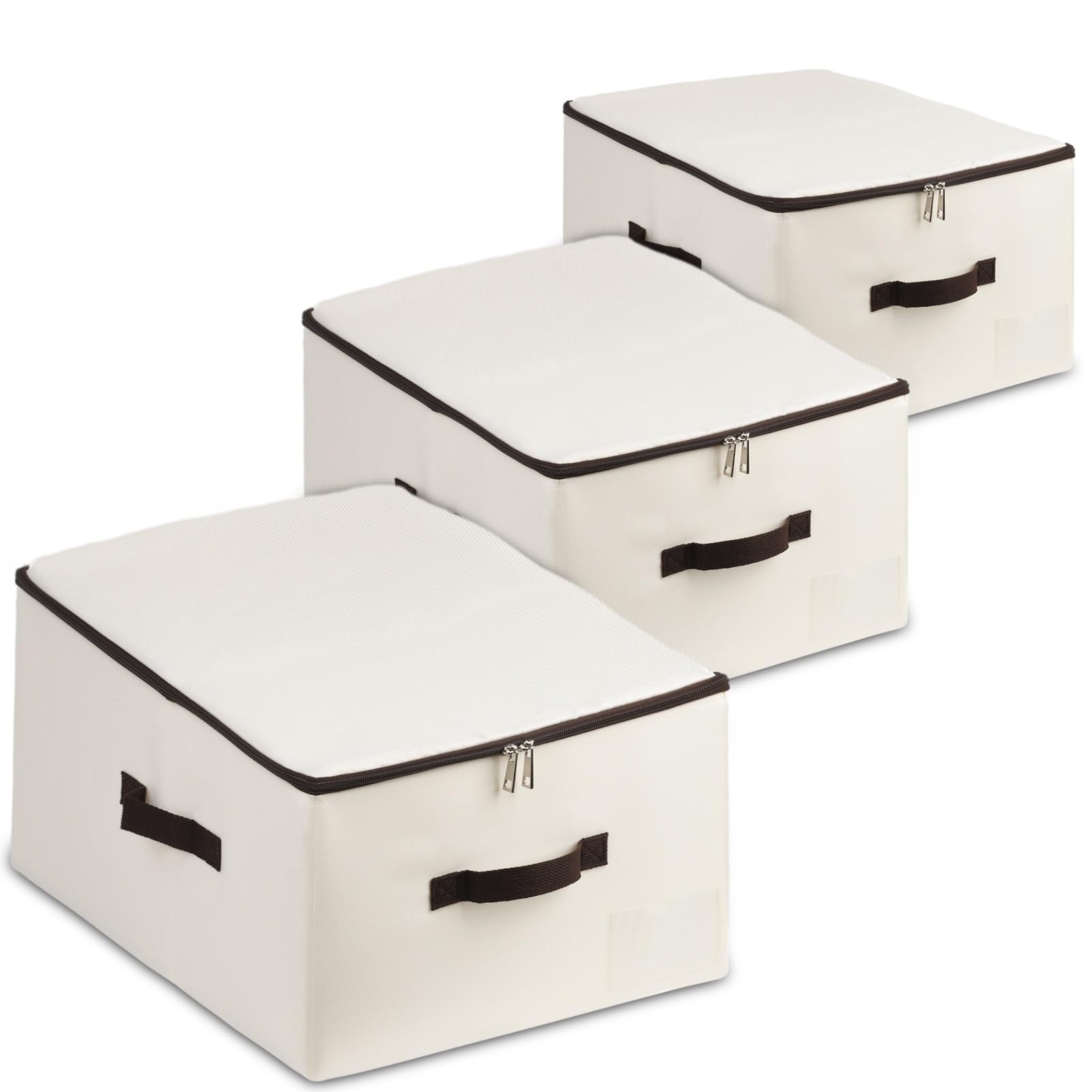 AMJ Fabric Storage Bin with Lid – Foldable for Clothes, Blankets – Beige Storage Box – Wardrobe-Optimized & Breathable (Set of 3)
