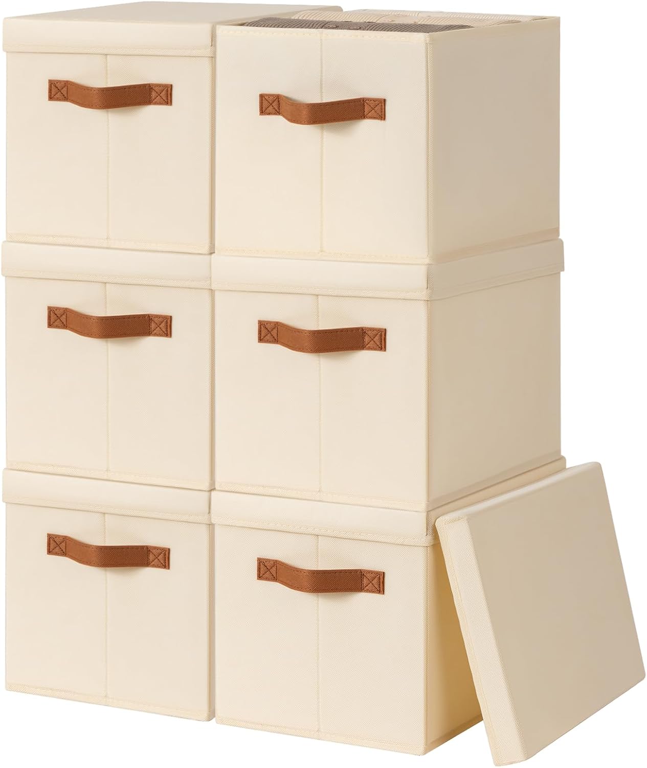 Homsorout Storage Bins with Lids - Fabric Storage Baskets for Shelves, 6 Pack Foldable Decorative Boxes with Handles, Stackable Organizer Bins for Home, Nursery, Dorm, Beige