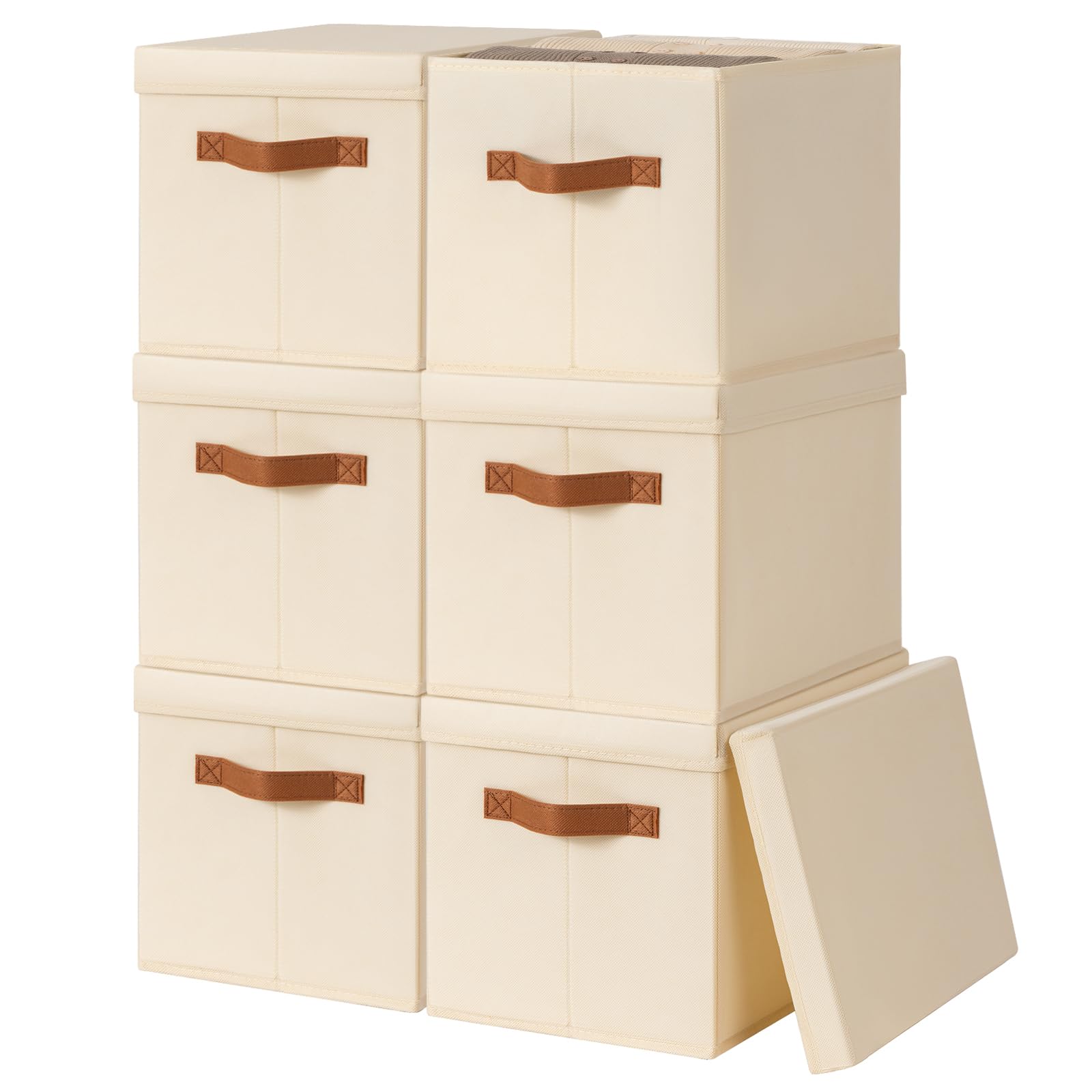Homsorout Storage Bins with Lids - Fabric Storage Baskets for Shelves, 6 Pack Foldable Decorative Boxes with Handles, Stackable Organizer Bins for Home, Nursery, Dorm, Beige