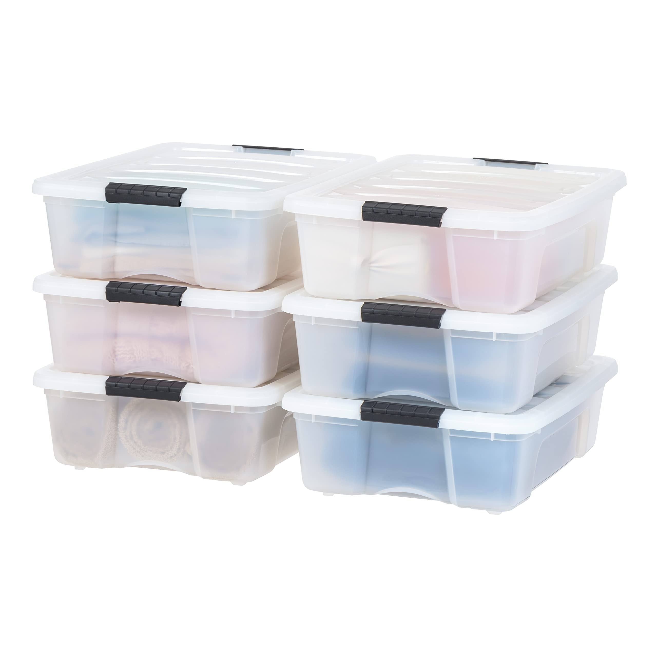 IRIS USA 54 Qt Stackable Plastic Storage Bins with Lids, 6 Pack - BPA-Free, Made in USA - See-Through Organizing Solution, Latches, Durable Nestable Containers, Secure Pull Handle - Clear