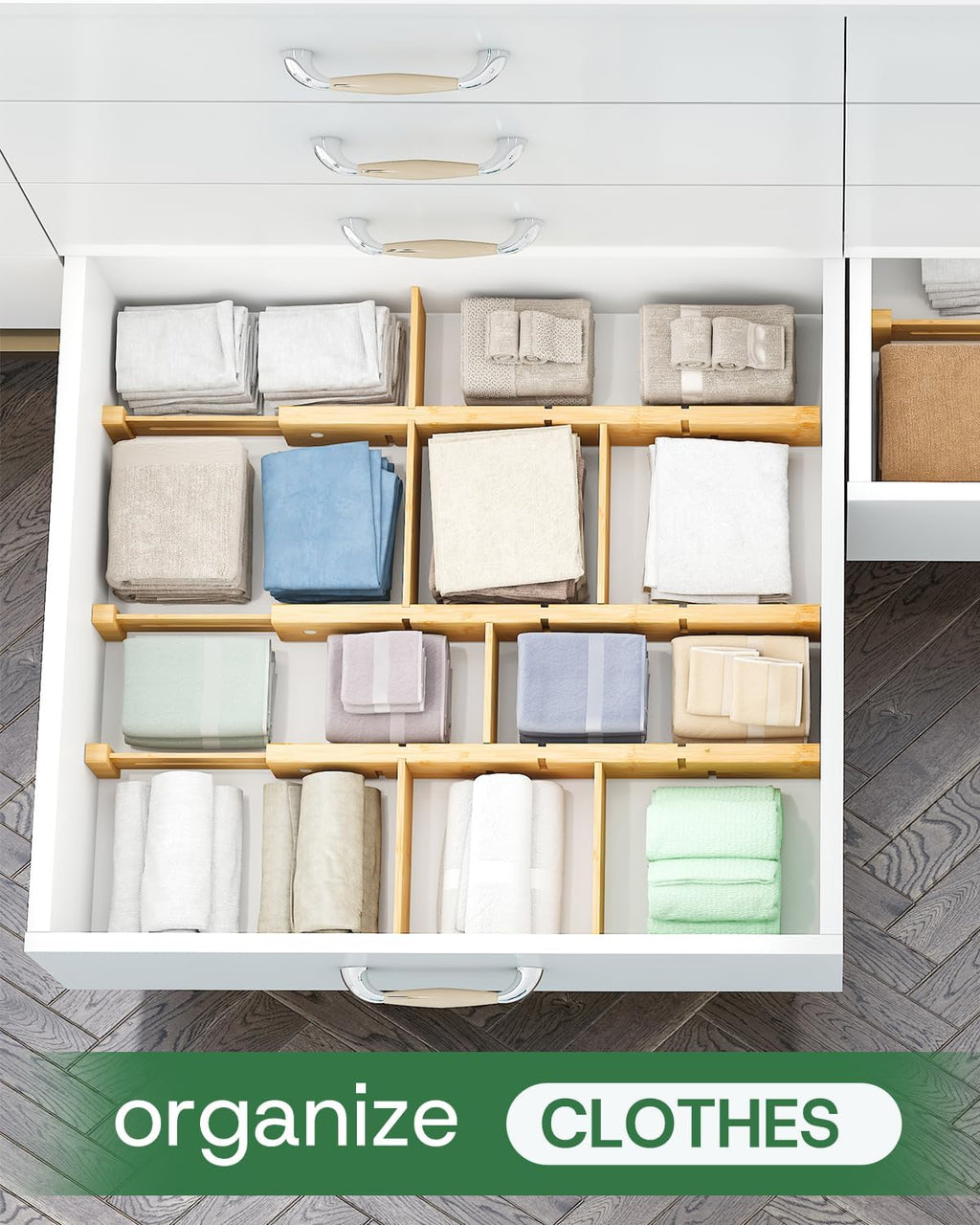 kiplant Bamboo Drawer Dividers - Adjustable Drawer Dividers for Clothes, Kitchen, Closet & Office - 8 Pack with Inserts, 18-22.6 Inches, Non-Slip Silicone Ends