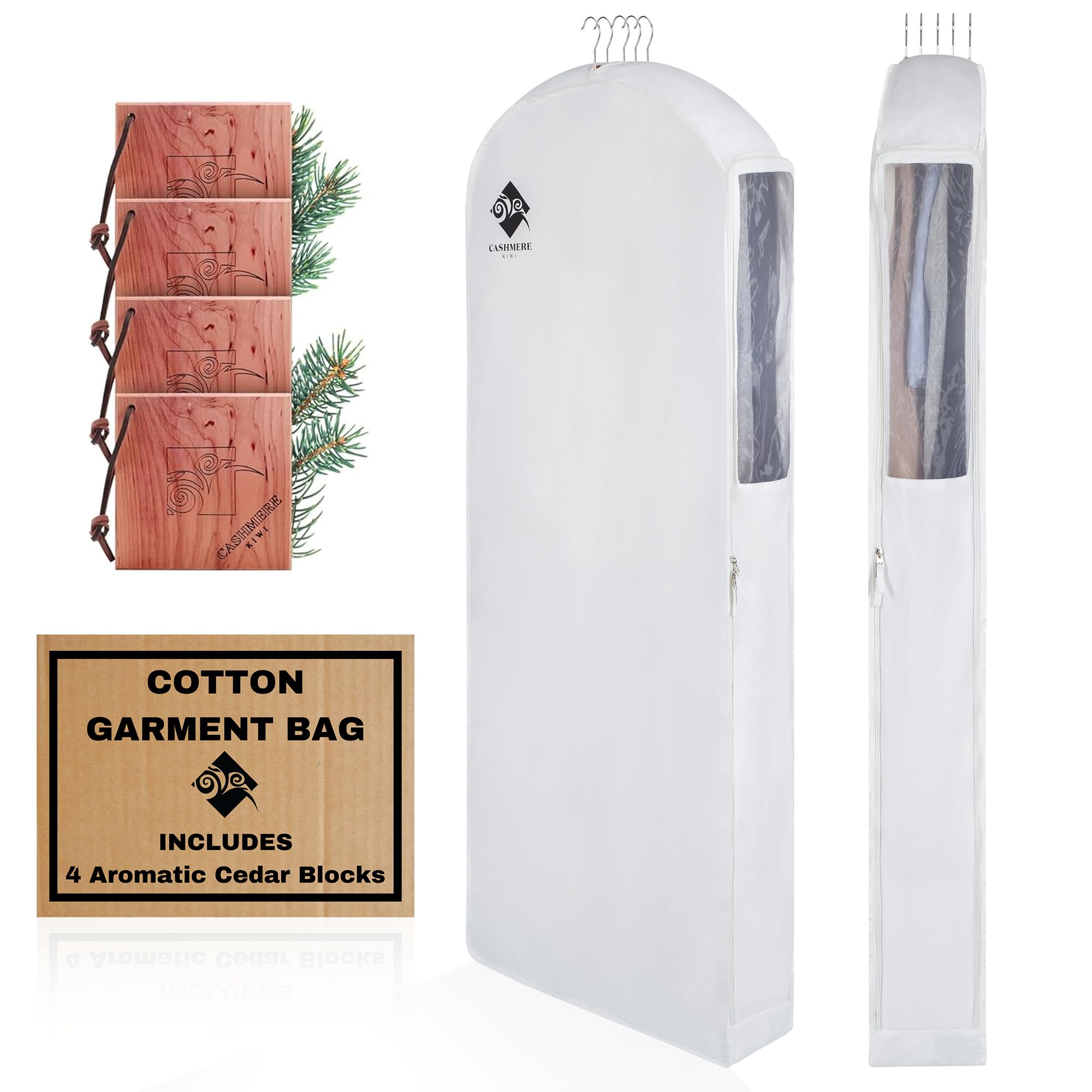 Premium 60” Cotton Garment Bag For Hanging Clothes And Storage | Wide 6” Gusset & 4 Cedar Blocks For Fresh Smell And Clothes Protection | Best For Fur Coats, Long Dresses, Gowns, Tuxedos and more