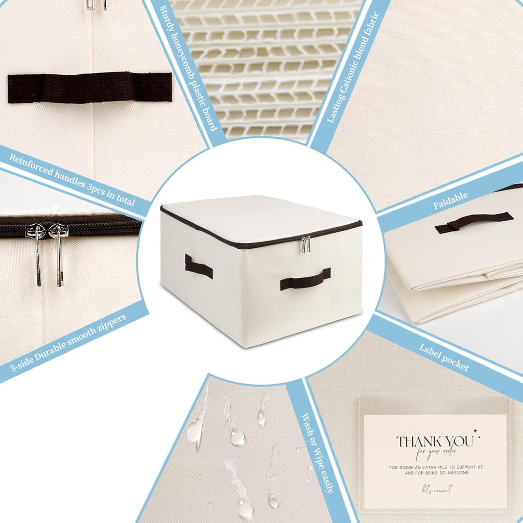 AMJ Fabric Storage Bin with Lid – Foldable for Clothes, Blankets – Beige Storage Box – Wardrobe-Optimized & Breathable (Set of 3)