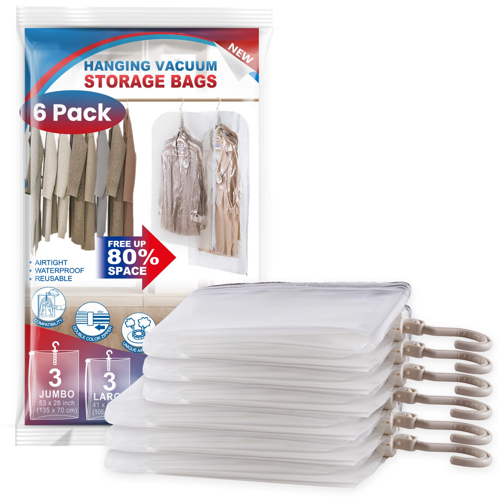 Hanging Vacuum Storage Bags, 6 Pack Large Hanging Vacuum Seal Garment Bags for Clothing, Space Saver for Clothes, Suits, Dresses, Jackets, Clothing Storage for Moving Supplies(53.1x27.6 in)
