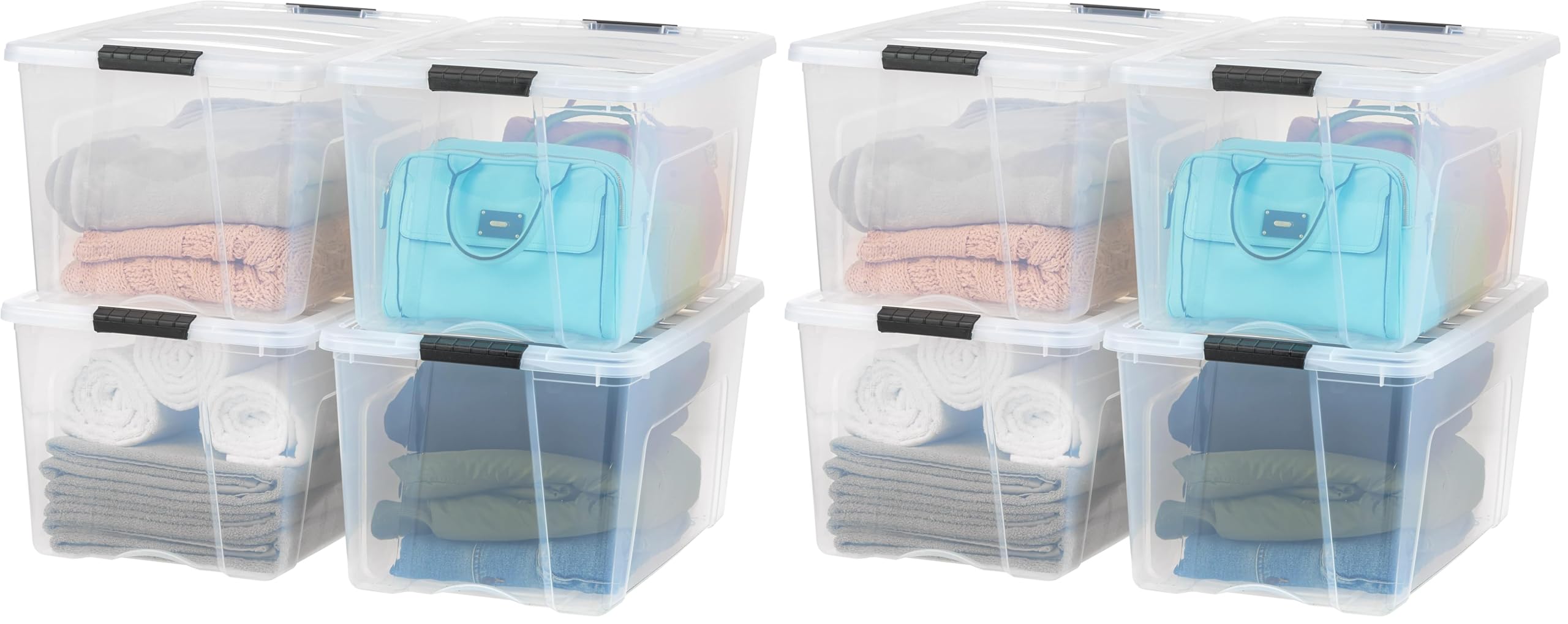 IRIS USA 54 Qt Stackable Plastic Storage Bins with Lids, 6 Pack - BPA-Free, Made in USA - See-Through Organizing Solution, Latches, Durable Nestable Containers, Secure Pull Handle - Clear