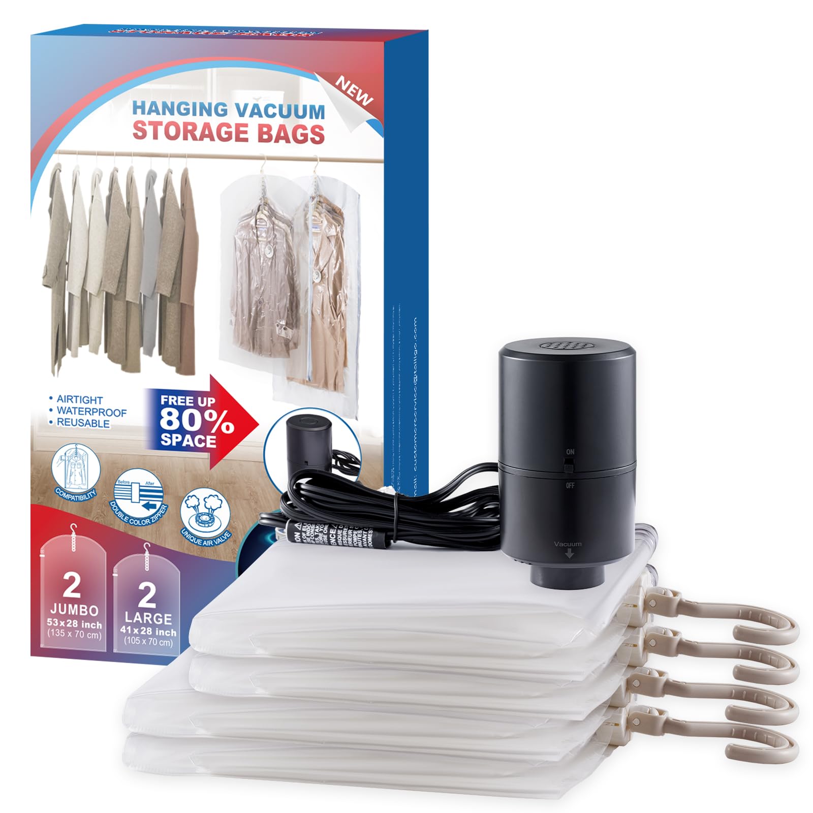 Hanging Vacuum Storage Bags, 6 Pack Large Hanging Vacuum Seal Garment Bags for Clothing, Space Saver for Clothes, Suits, Dresses, Jackets, Clothing Storage for Moving Supplies(53.1x27.6 in)