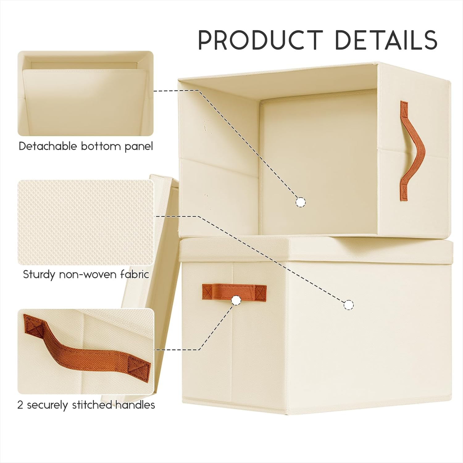 Homsorout Storage Bins with Lids - Fabric Storage Baskets for Shelves, 6 Pack Foldable Decorative Boxes with Handles, Stackable Organizer Bins for Home, Nursery, Dorm, Beige