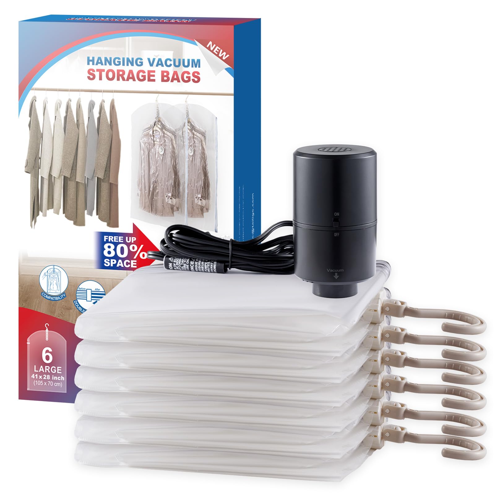 Hanging Vacuum Storage Bags, 6 Pack Large Hanging Vacuum Seal Garment Bags for Clothing, Space Saver for Clothes, Suits, Dresses, Jackets, Clothing Storage for Moving Supplies(53.1x27.6 in)