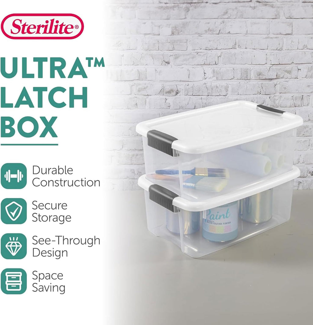 Sterilite 6-Pack Ultra Latching Box, Storage Bins with Lids, Clear Plastic, 18 Quart - Heavy-Duty Organizing Containers for Closet, Bathroom, and Office