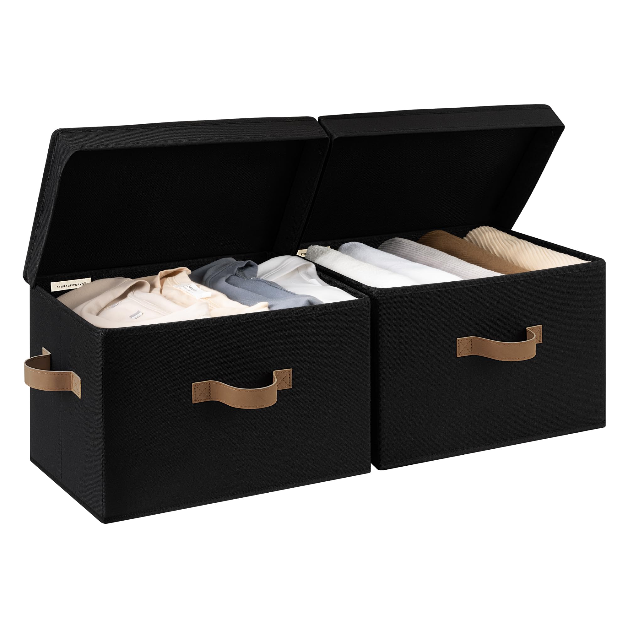 StorageWorks Fabric Storage Bins with Lid, Decorative Storage Boxes for Shelves, Stackable Closet Organizer Basket with Handles, Large, Khaki and Beige Stripes, 2-Pack