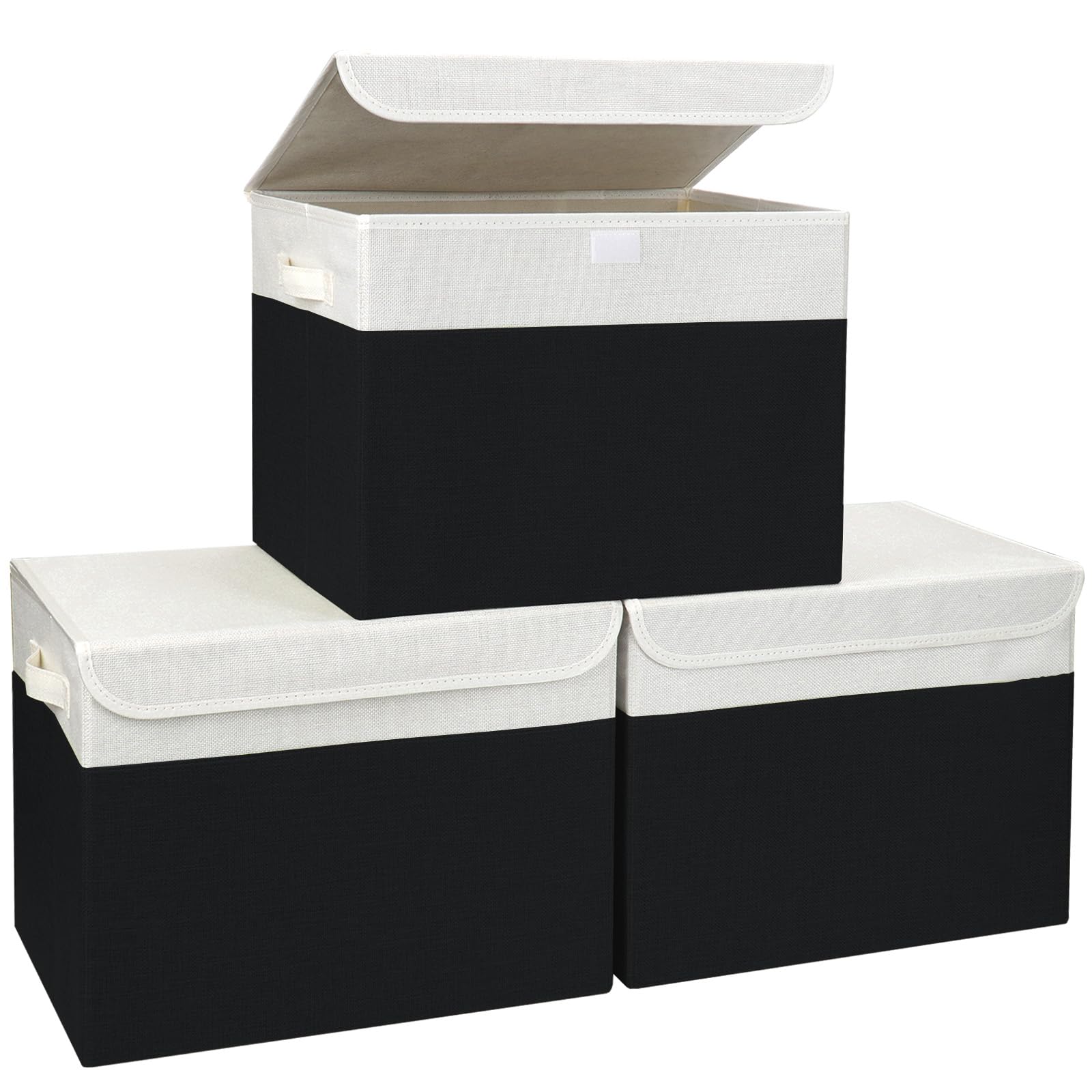 Bagnizer Large 17" 42 Quarts Collapsible Stackable Storage Bins with Lids [3-Pack] Foldable Fabric Linen Storage Boxes Cube, Closet Organizer Baskets with Label for Home (16.7 x 12 x 12, Gray)