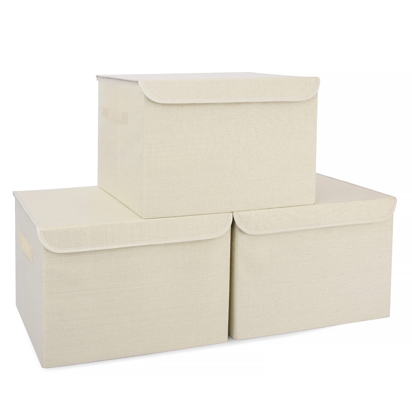 Bagnizer Large 17" 42 Quarts Collapsible Stackable Storage Bins with Lids [3-Pack] Foldable Fabric Linen Storage Boxes Cube, Closet Organizer Baskets with Label for Home (16.7 x 12 x 12, Gray)