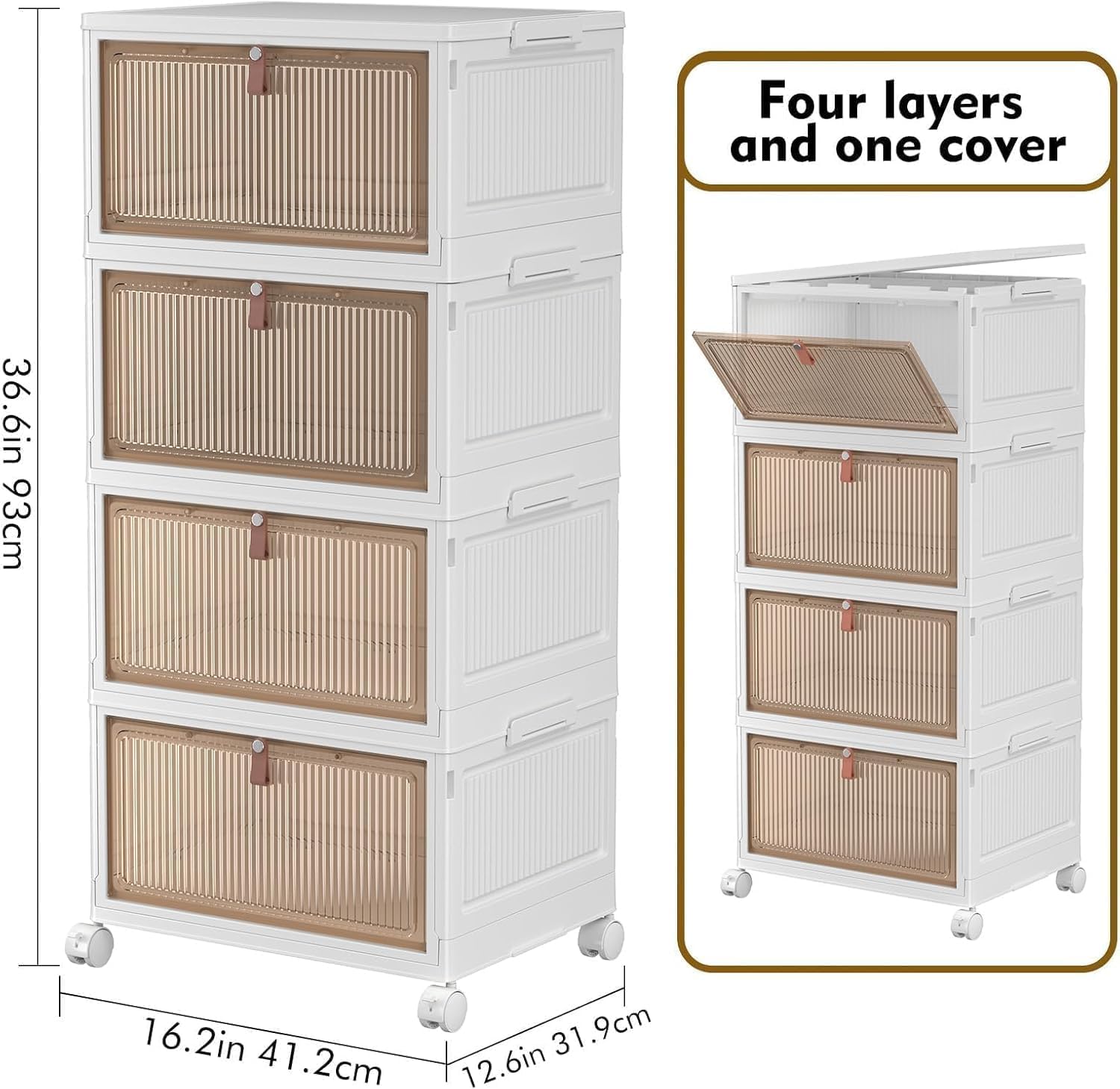 YFXCVSL 4 Tier Plastic Storage Bins with Lid 28QT - Stackable Storage Containers with Wheels, Folding Storage Boxes, Collapsible Storage Bins, Organizers and Storage