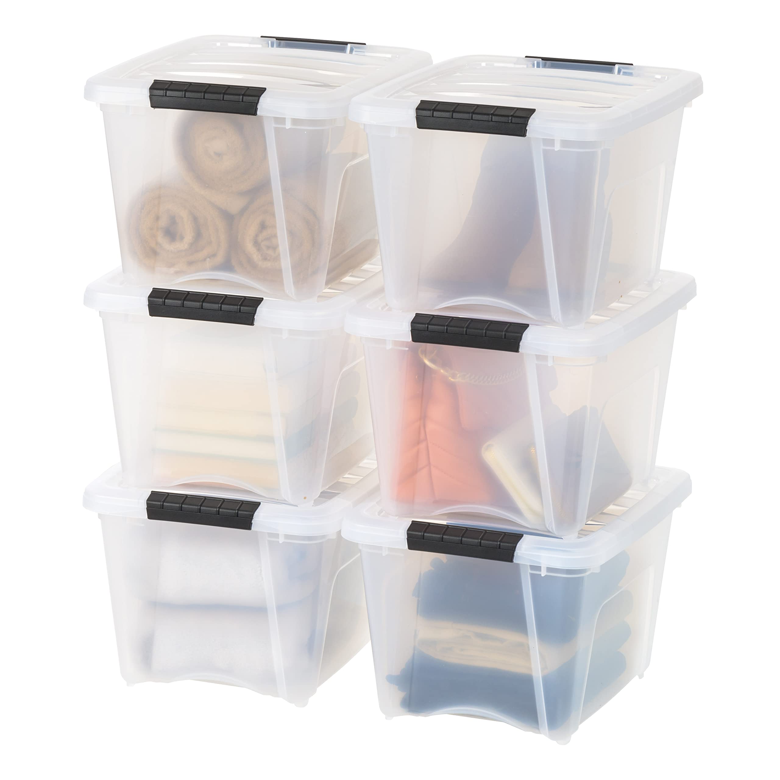IRIS USA 54 Qt Stackable Plastic Storage Bins with Lids, 6 Pack - BPA-Free, Made in USA - See-Through Organizing Solution, Latches, Durable Nestable Containers, Secure Pull Handle - Clear
