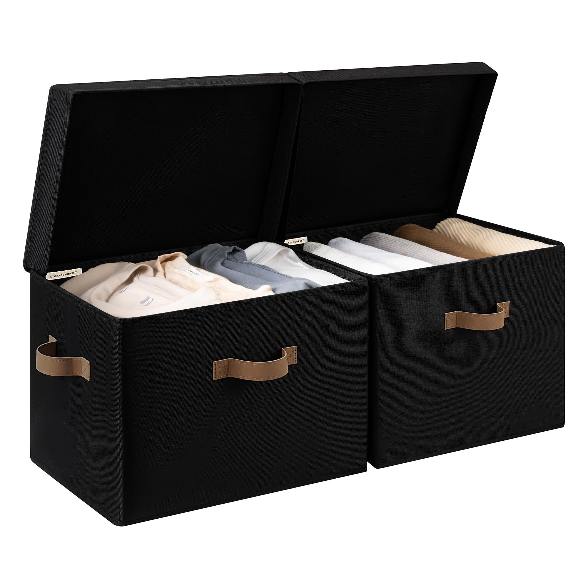 StorageWorks Fabric Storage Bins with Lid, Decorative Storage Boxes for Shelves, Stackable Closet Organizer Basket with Handles, Large, Mixing of Beige, White & Ivory, 2-Pack