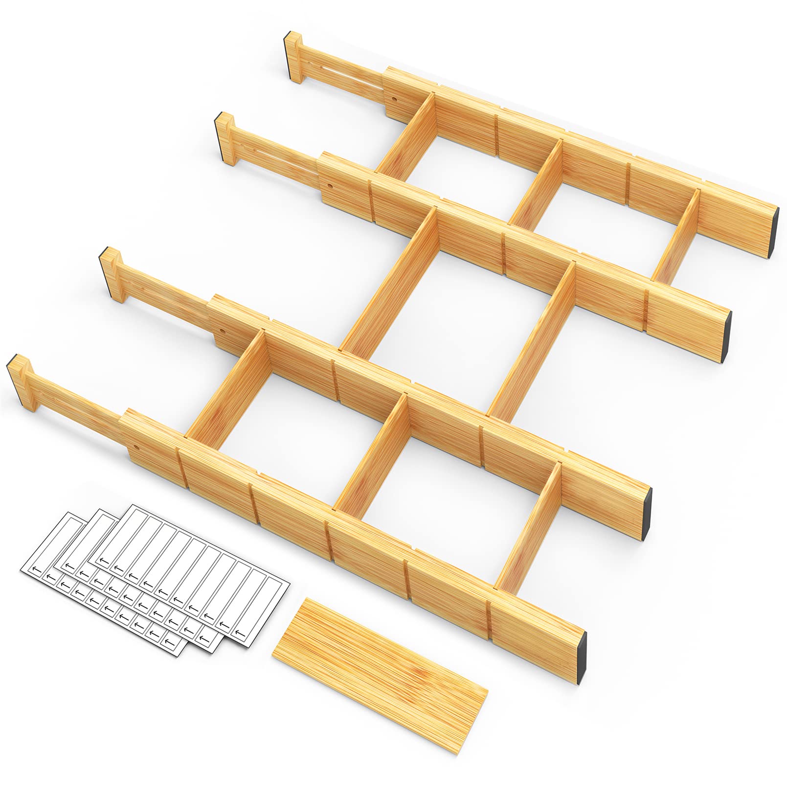 SpaceAid Bamboo Drawer Dividers with Inserts and Labels, Kitchen Adjustable Drawer Organizers, Expandable Organization for Home, Office, Dressers, 4 Dividers with 9 Inserts (17"-22" Black)