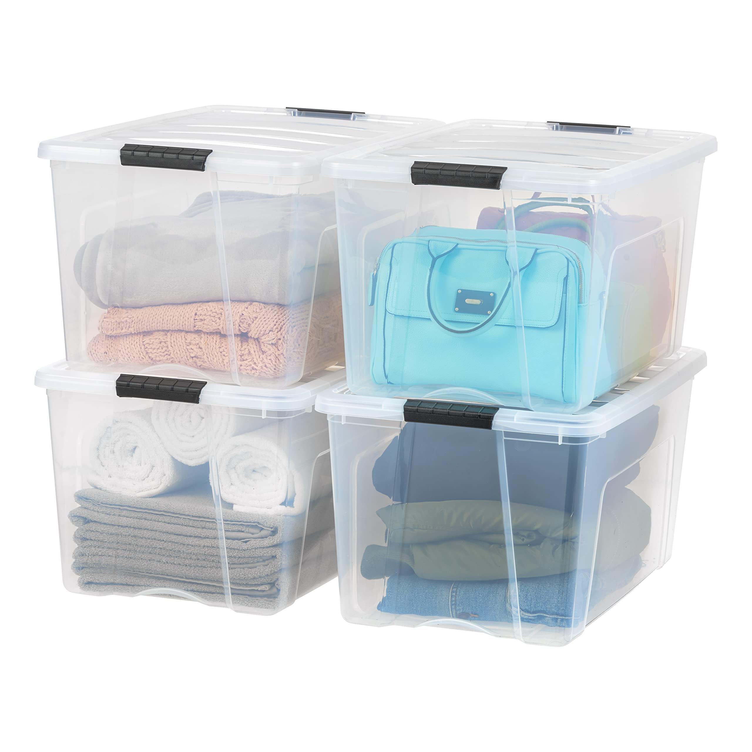 IRIS USA 54 Qt Stackable Plastic Storage Bins with Lids, 6 Pack - BPA-Free, Made in USA - See-Through Organizing Solution, Latches, Durable Nestable Containers, Secure Pull Handle - Clear