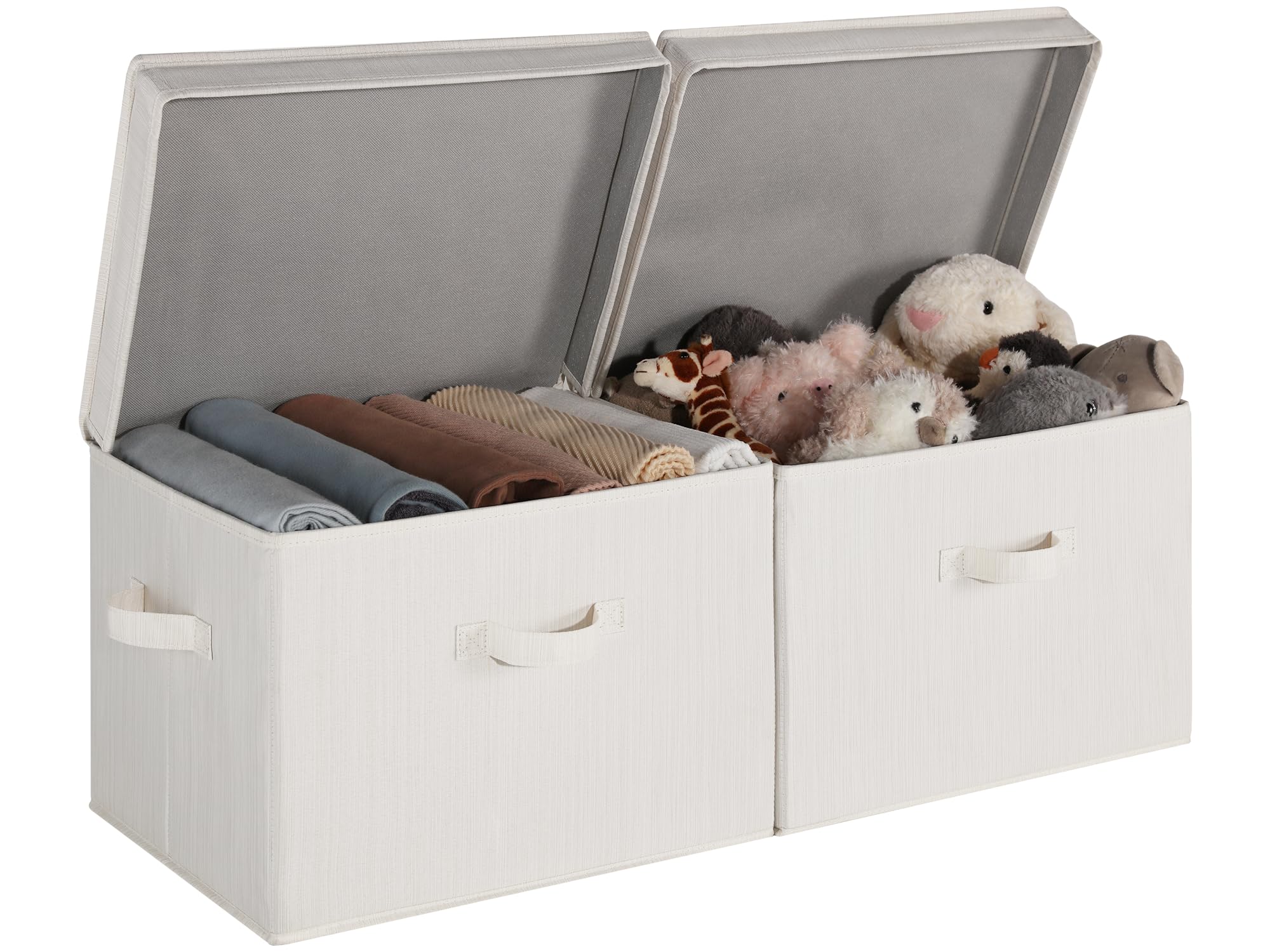 StorageWorks Fabric Storage Bins with Lid, Decorative Storage Boxes for Shelves, Stackable Closet Organizer Basket with Handles, Large, Khaki and Beige Stripes, 2-Pack