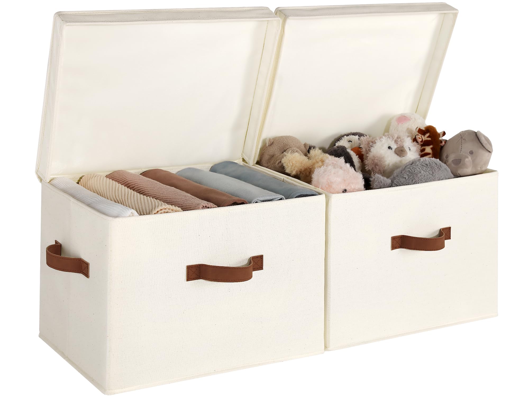 StorageWorks Fabric Storage Bins with Lid, Decorative Storage Boxes for Shelves, Stackable Closet Organizer Basket with Handles, Large, Khaki and Beige Stripes, 2-Pack