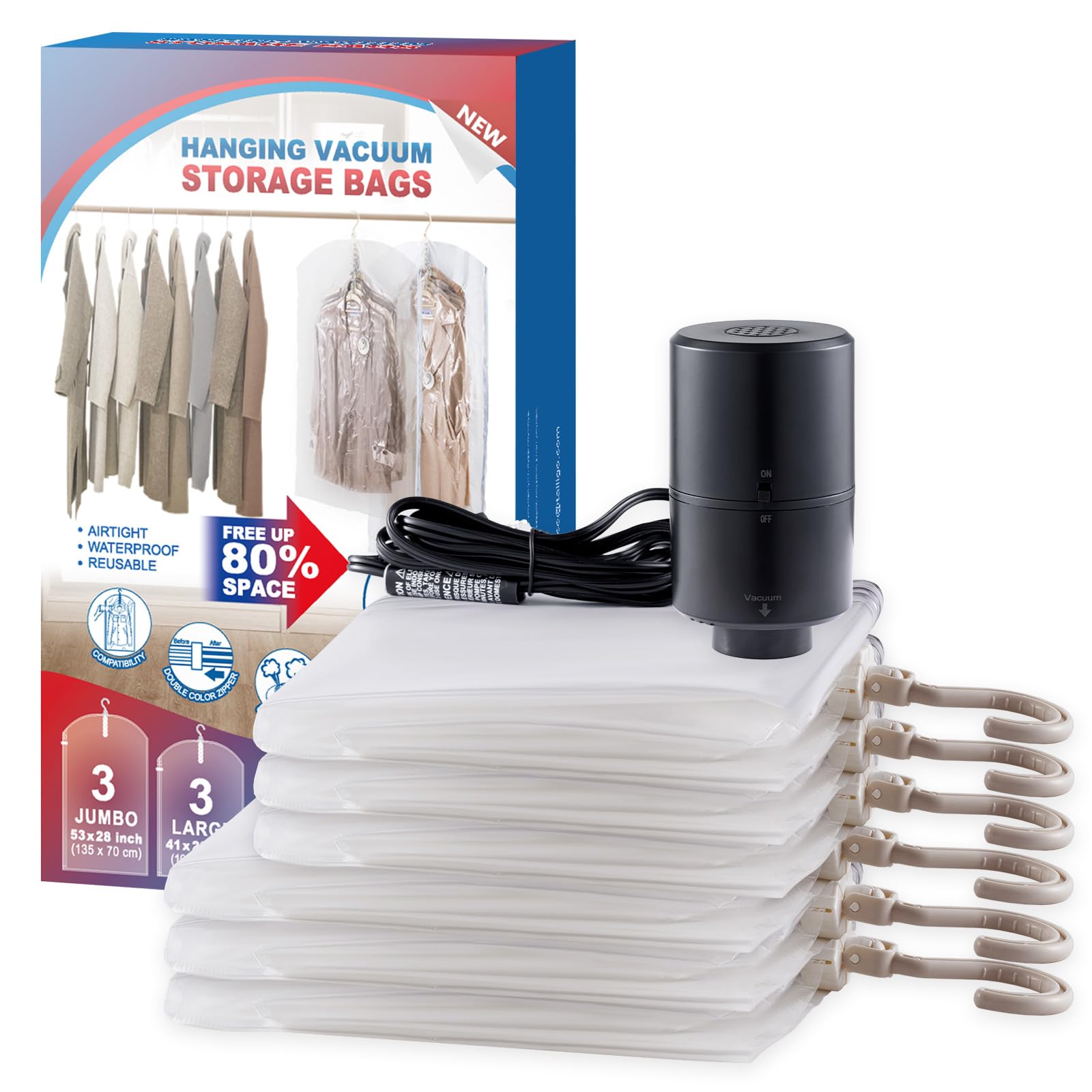 Hanging Vacuum Storage Bags, 6 Pack Large Hanging Vacuum Seal Garment Bags for Clothing, Space Saver for Clothes, Suits, Dresses, Jackets, Clothing Storage for Moving Supplies(53.1x27.6 in)