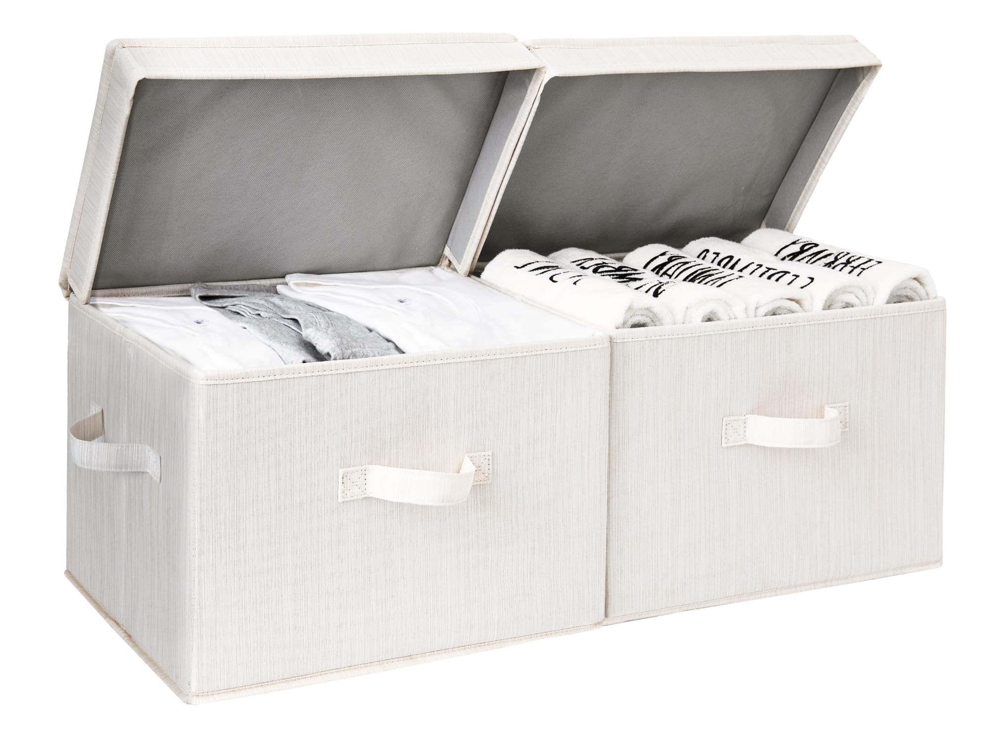 StorageWorks Fabric Storage Bins with Lid, Decorative Storage Boxes for Shelves, Stackable Closet Organizer Basket with Handles, Large, Mixing of Beige, White & Ivory, 2-Pack