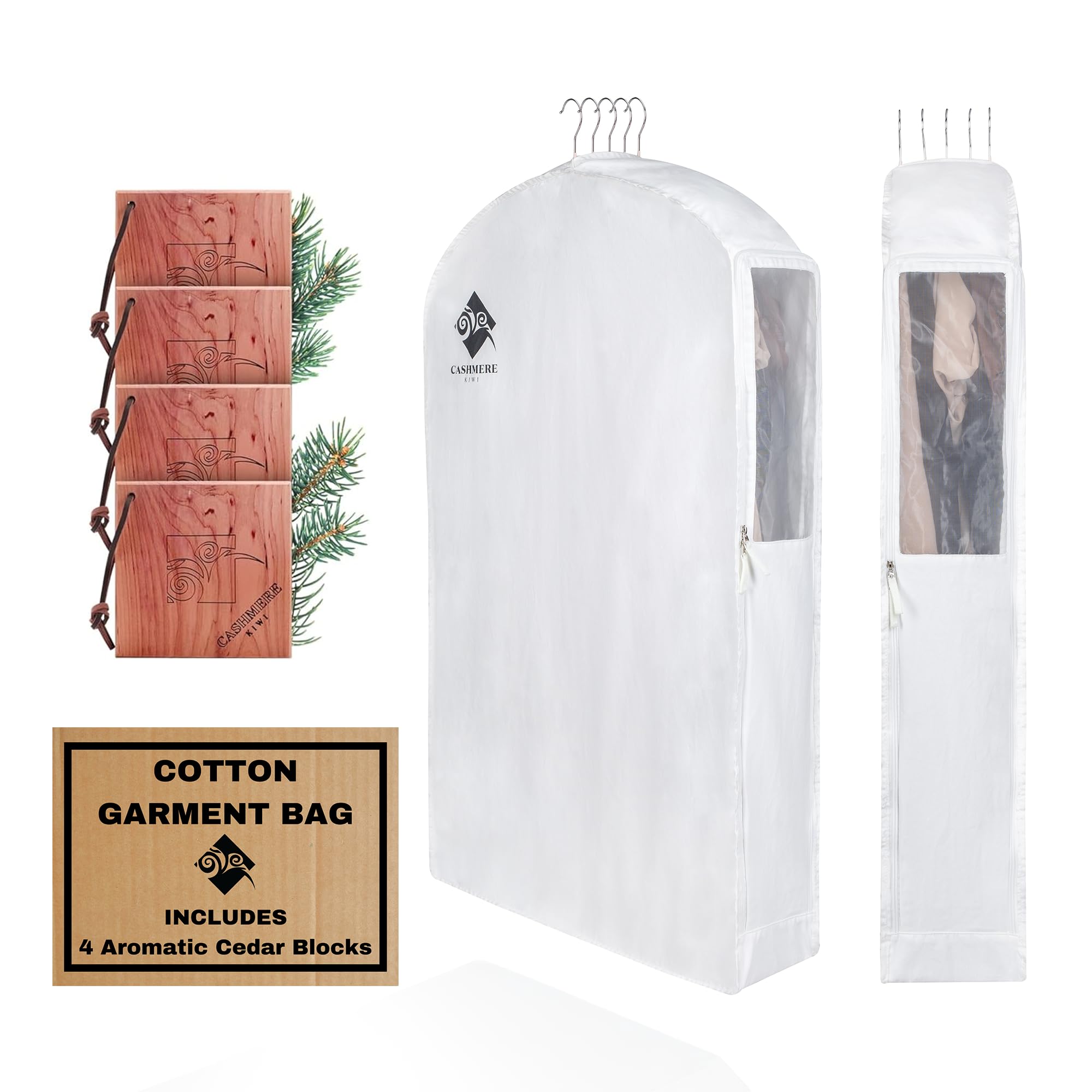Premium 60” Cotton Garment Bag For Hanging Clothes And Storage | Wide 6” Gusset & 4 Cedar Blocks For Fresh Smell And Clothes Protection | Best For Fur Coats, Long Dresses, Gowns, Tuxedos and more