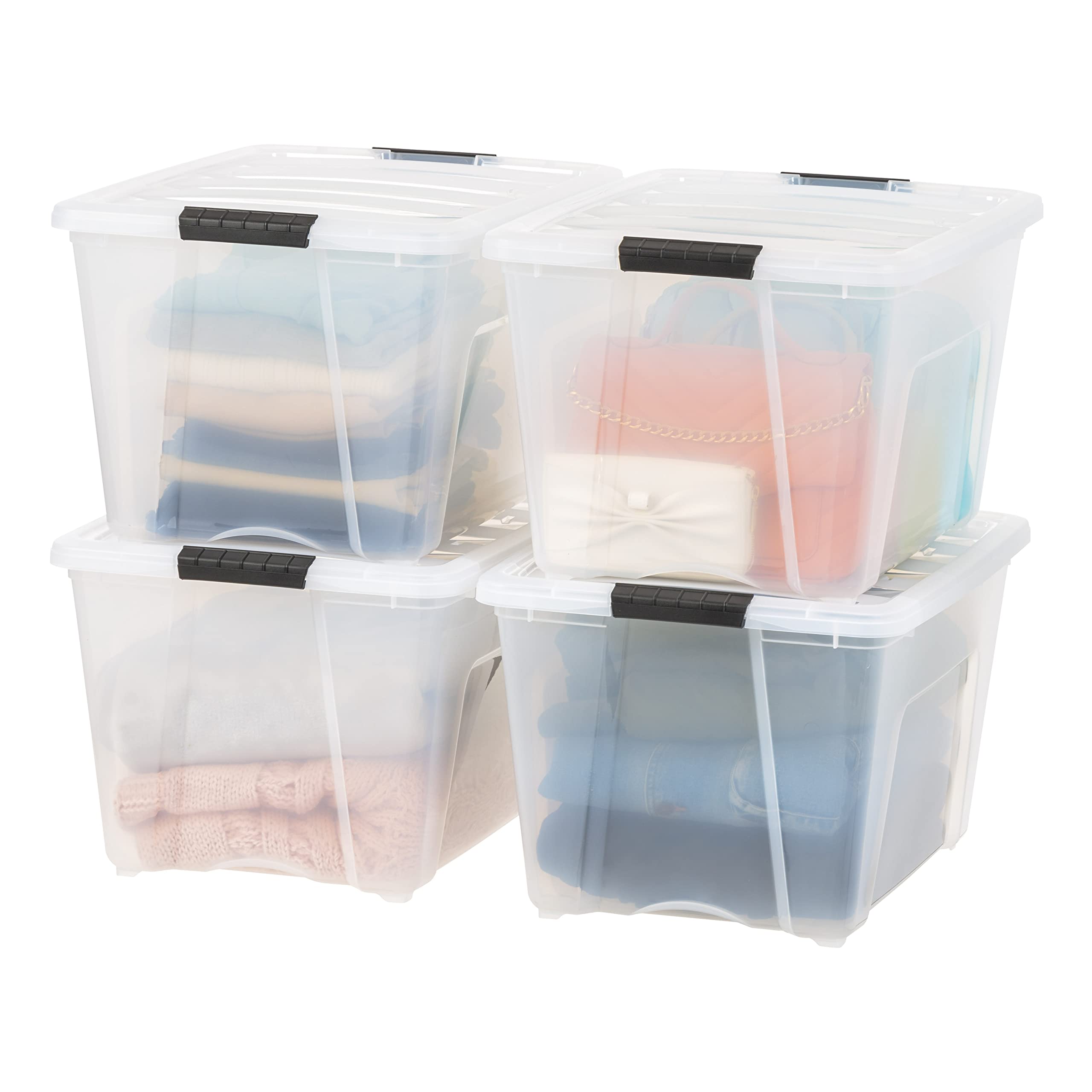IRIS USA 54 Qt Stackable Plastic Storage Bins with Lids, 6 Pack - BPA-Free, Made in USA - See-Through Organizing Solution, Latches, Durable Nestable Containers, Secure Pull Handle - Clear