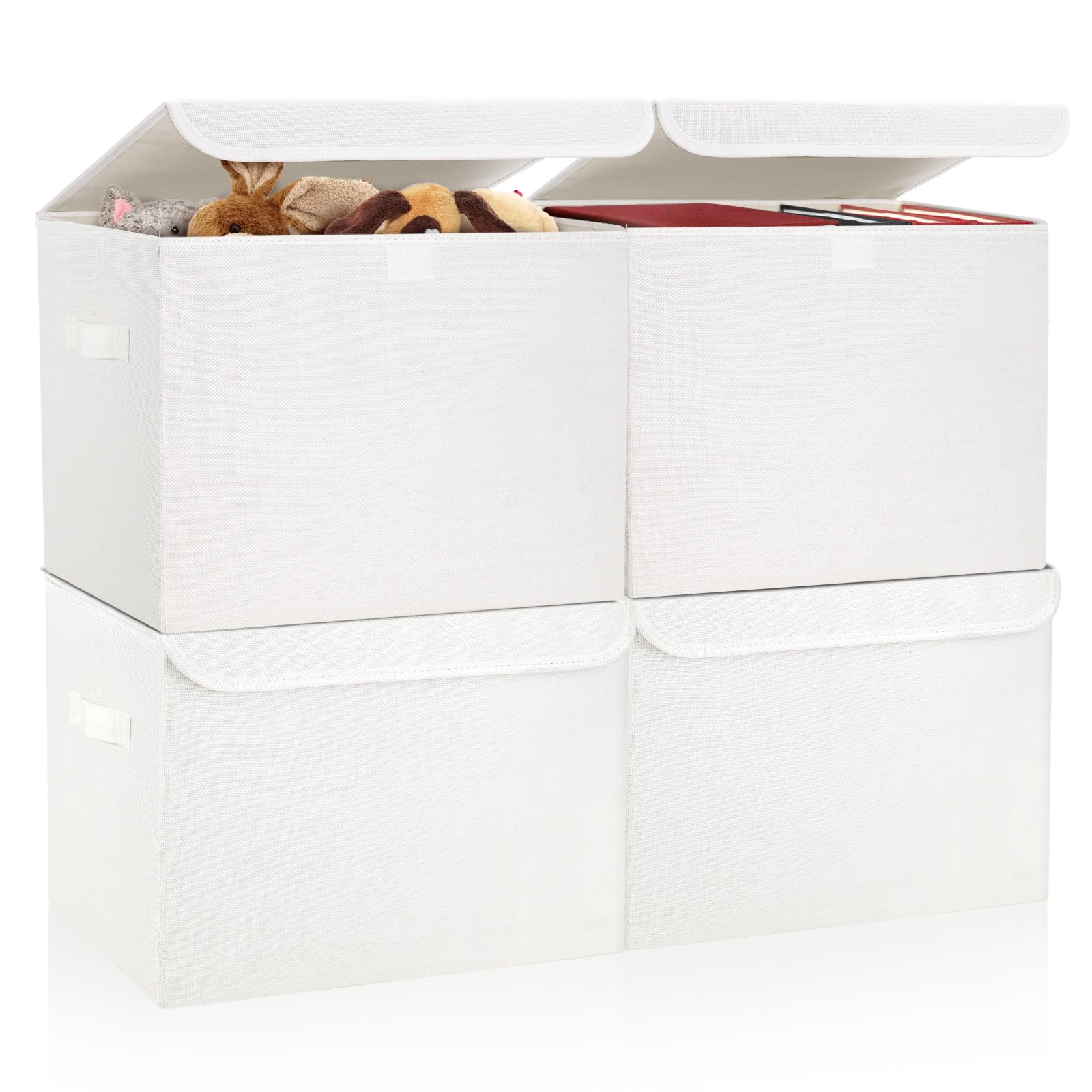 Bagnizer Large 17" 42 Quarts Collapsible Stackable Storage Bins with Lids [3-Pack] Foldable Fabric Linen Storage Boxes Cube, Closet Organizer Baskets with Label for Home (16.7 x 12 x 12, Gray)
