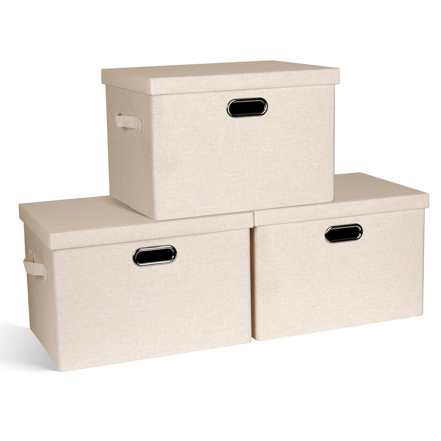 Graciadeco Large Quart Collapsible Stackable Storage Bins with Lids, 3 Packs Beige Linen Fabric Closet Boxes with Lids, Storage Cube Baskets Container Organizers for Bedroom Office(16.6 x 11.7 x 10.8)