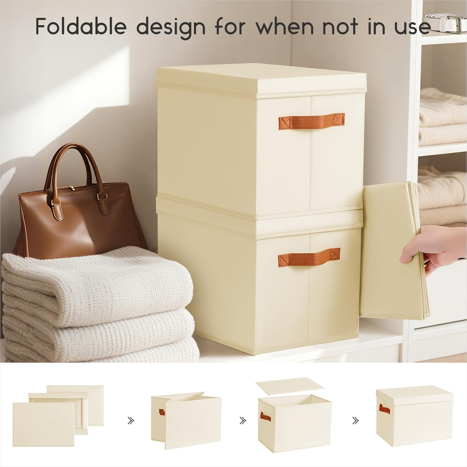 Homsorout Storage Bins with Lids - Fabric Storage Baskets for Shelves, 6 Pack Foldable Decorative Boxes with Handles, Stackable Organizer Bins for Home, Nursery, Dorm, Beige