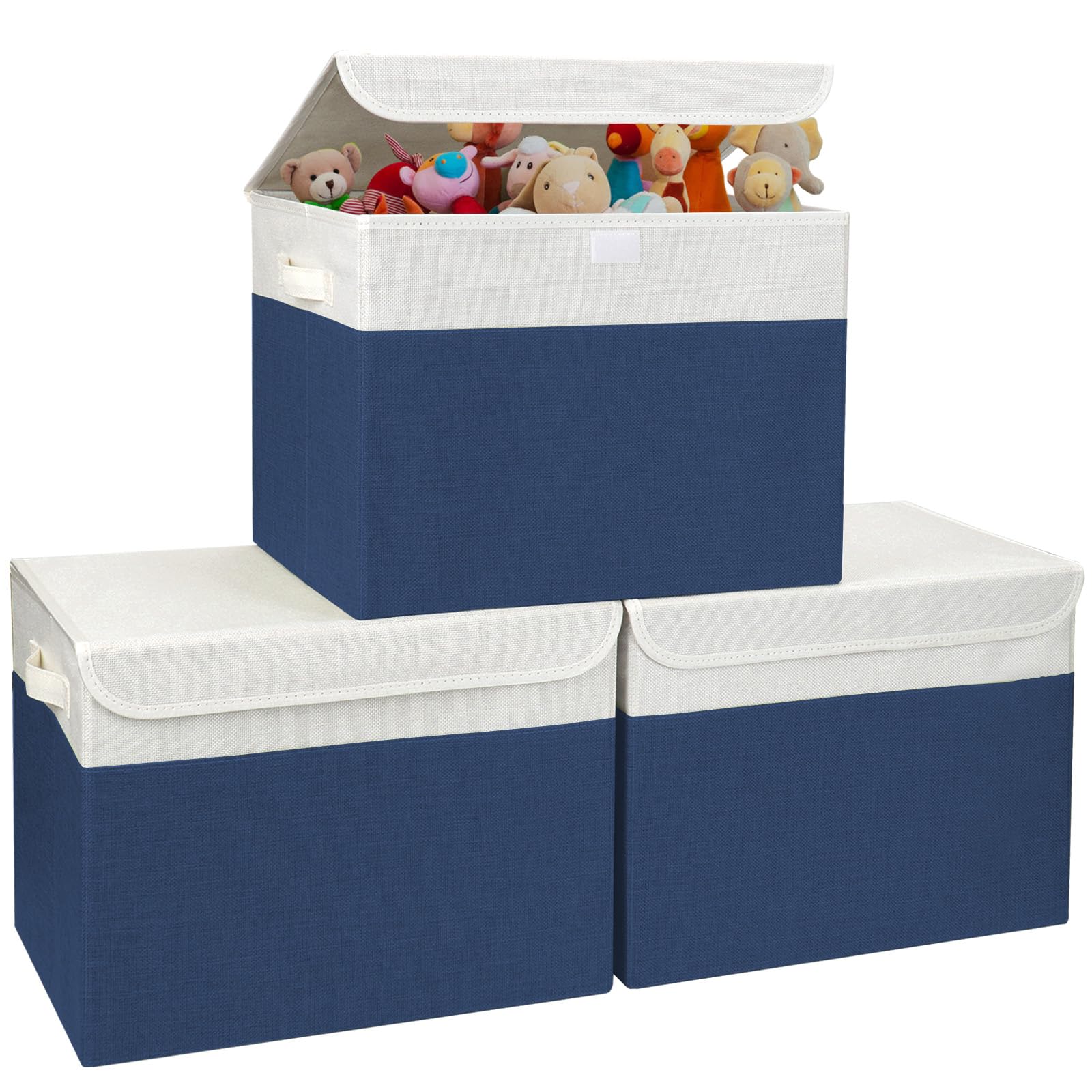 Bagnizer Large 17" 42 Quarts Collapsible Stackable Storage Bins with Lids [3-Pack] Foldable Fabric Linen Storage Boxes Cube, Closet Organizer Baskets with Label for Home (16.7 x 12 x 12, Gray)