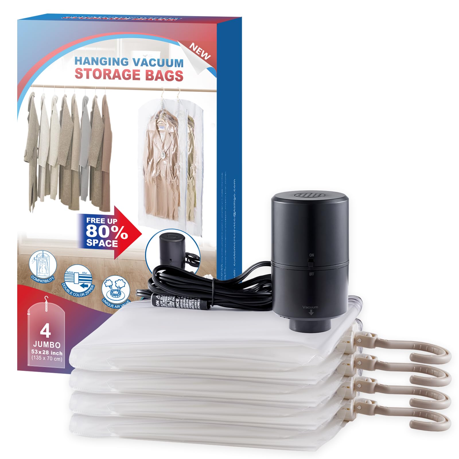 Hanging Vacuum Storage Bags, 6 Pack Large Hanging Vacuum Seal Garment Bags for Clothing, Space Saver for Clothes, Suits, Dresses, Jackets, Clothing Storage for Moving Supplies(53.1x27.6 in)