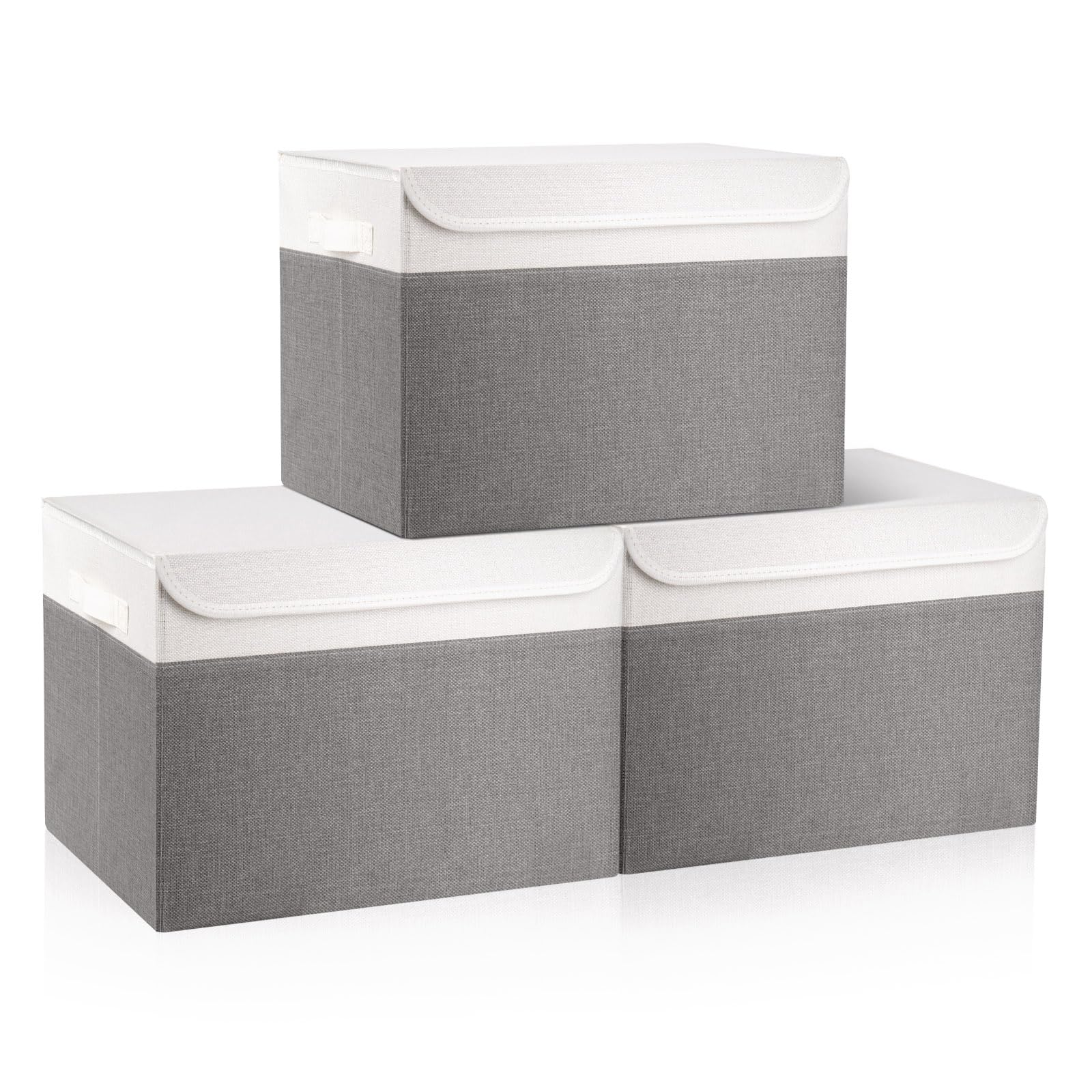 Bagnizer Large 17" 42 Quarts Collapsible Stackable Storage Bins with Lids [3-Pack] Foldable Fabric Linen Storage Boxes Cube, Closet Organizer Baskets with Label for Home (16.7 x 12 x 12, Gray)