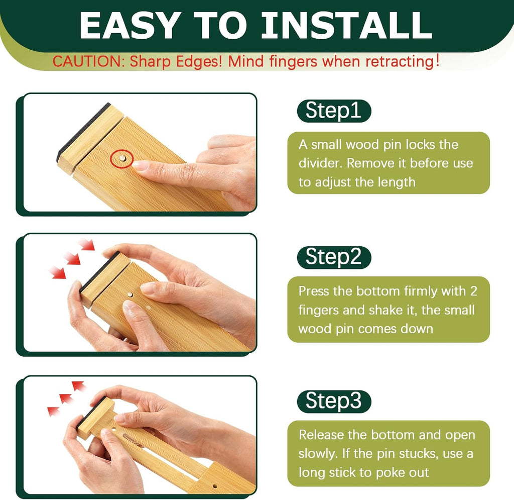 Lzerking Kitchen Drawer Dividers 6 Pack, 17-22" Adjustable Bamboo Drawer Organizers Large, Spring Loaded, Expandable Utensil Organizer, Works in Kitchen, Dresser, Closet, Bathroom, Bedroom