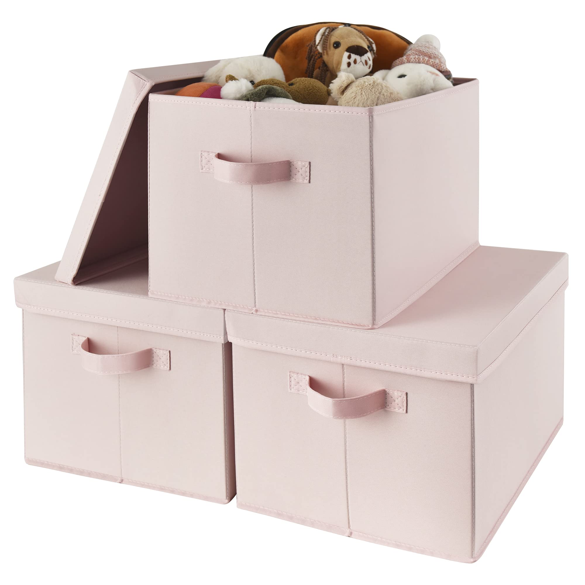 GRANNY SAYS Storage Basket with Lid, Linen Fabric Storage Bins with Label, Decorative Storage Boxes, Clothes Storage and Organization, Memory Keepsake Box, 3-Pack, Khaki&Ivory