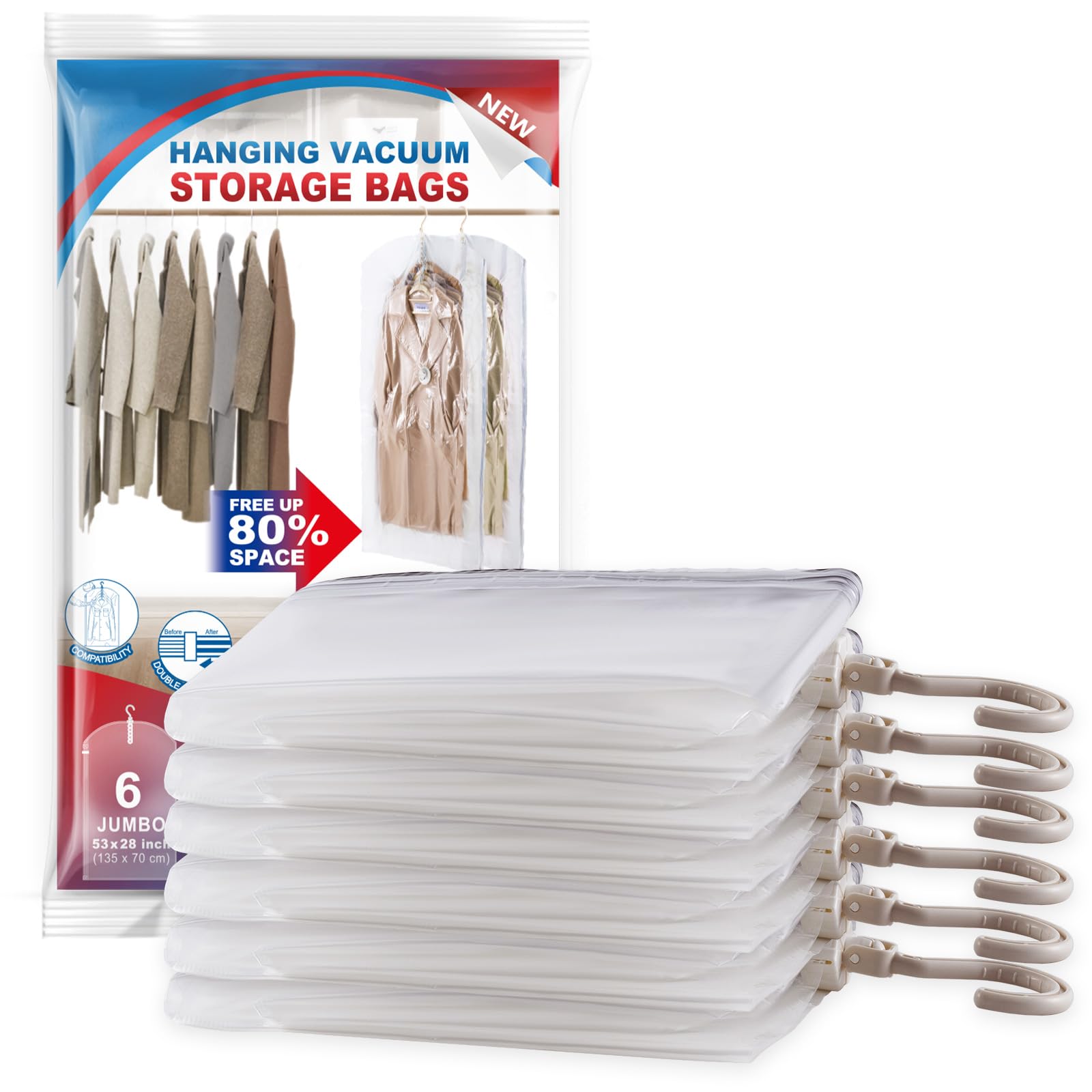 Hanging Vacuum Storage Bags, 6 Pack Large Hanging Vacuum Seal Garment Bags for Clothing, Space Saver for Clothes, Suits, Dresses, Jackets, Clothing Storage for Moving Supplies(53.1x27.6 in)