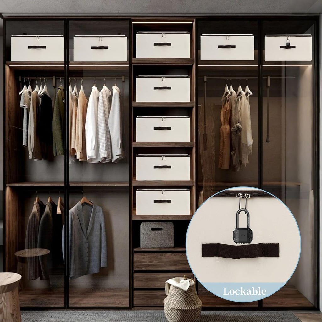 AMJ Fabric Storage Bin with Lid – Foldable for Clothes, Blankets – Beige Storage Box – Wardrobe-Optimized & Breathable (Set of 3)