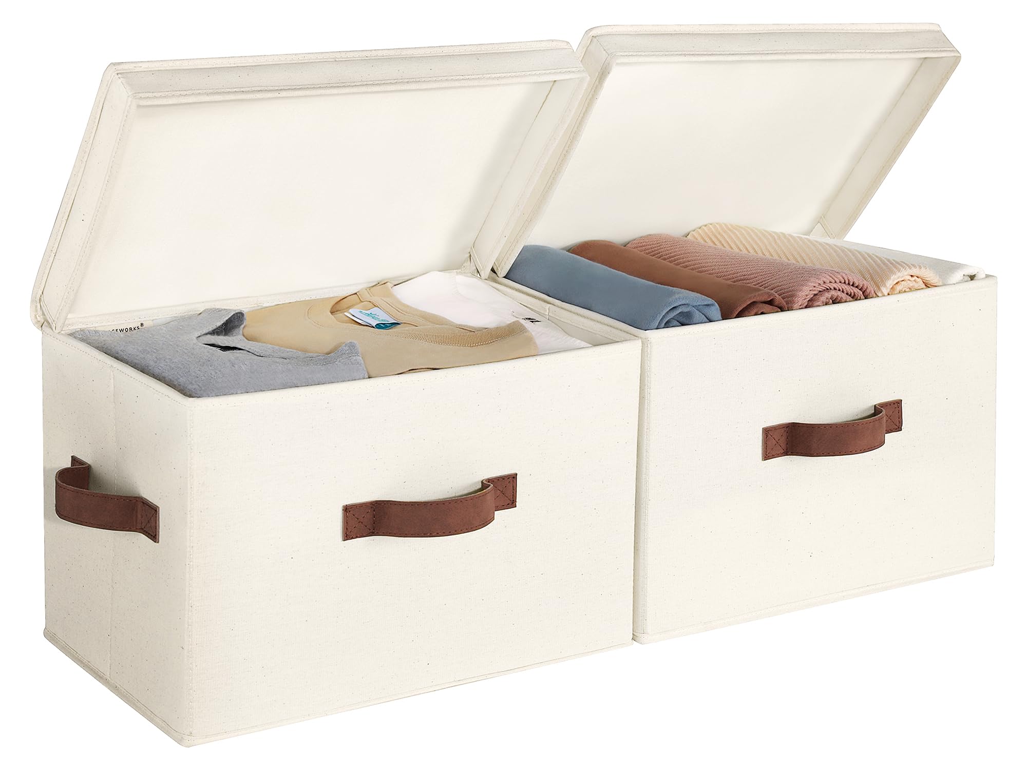 StorageWorks Fabric Storage Bins with Lid, Decorative Storage Boxes for Shelves, Stackable Closet Organizer Basket with Handles, Large, Khaki and Beige Stripes, 2-Pack