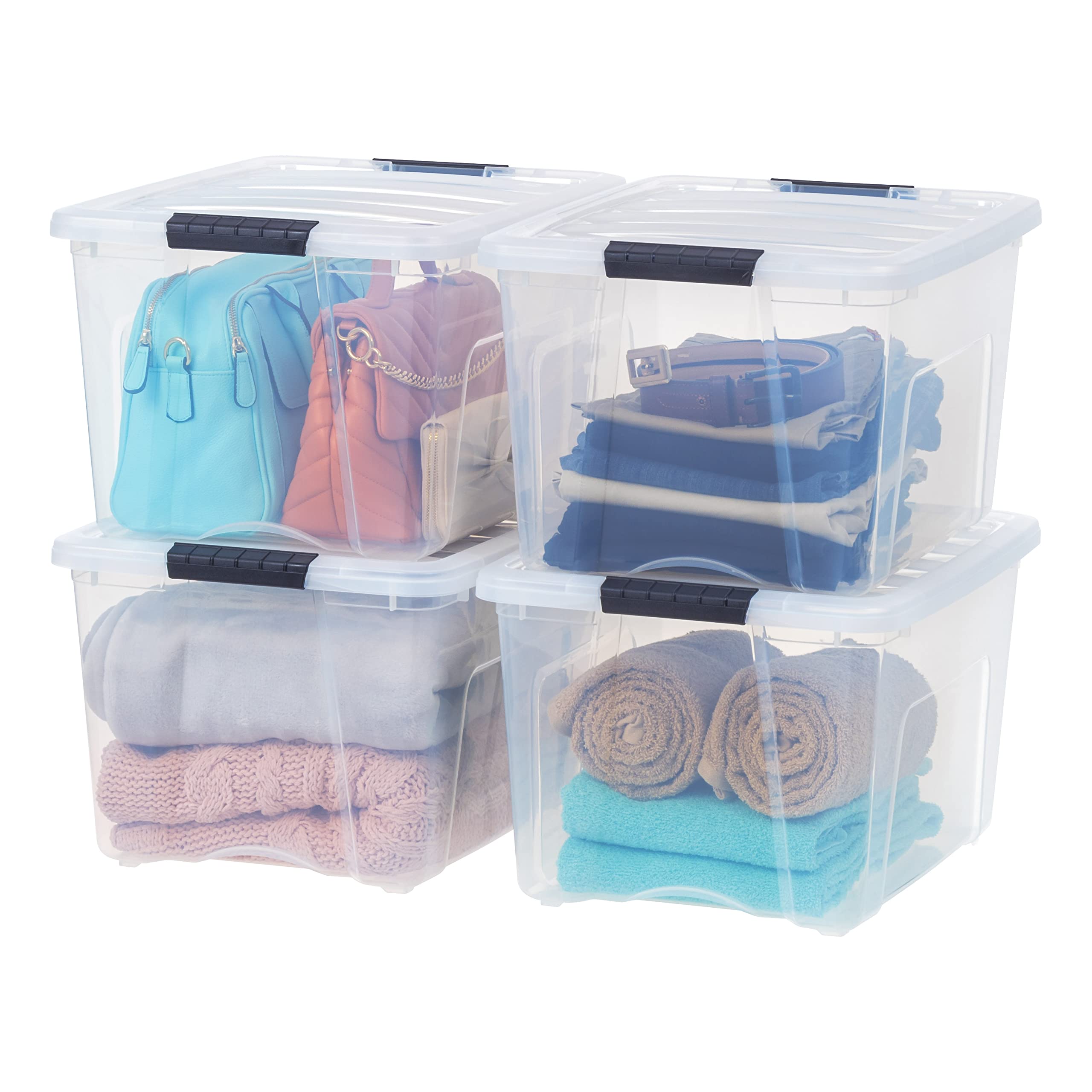 IRIS USA 54 Qt Stackable Plastic Storage Bins with Lids, 6 Pack - BPA-Free, Made in USA - See-Through Organizing Solution, Latches, Durable Nestable Containers, Secure Pull Handle - Clear