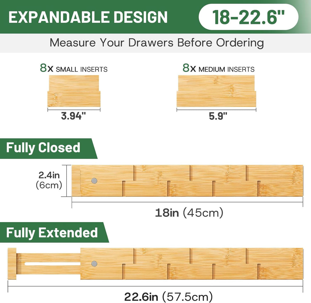 kiplant Bamboo Drawer Dividers - Adjustable Drawer Dividers for Clothes, Kitchen, Closet & Office - 8 Pack with Inserts, 18-22.6 Inches, Non-Slip Silicone Ends