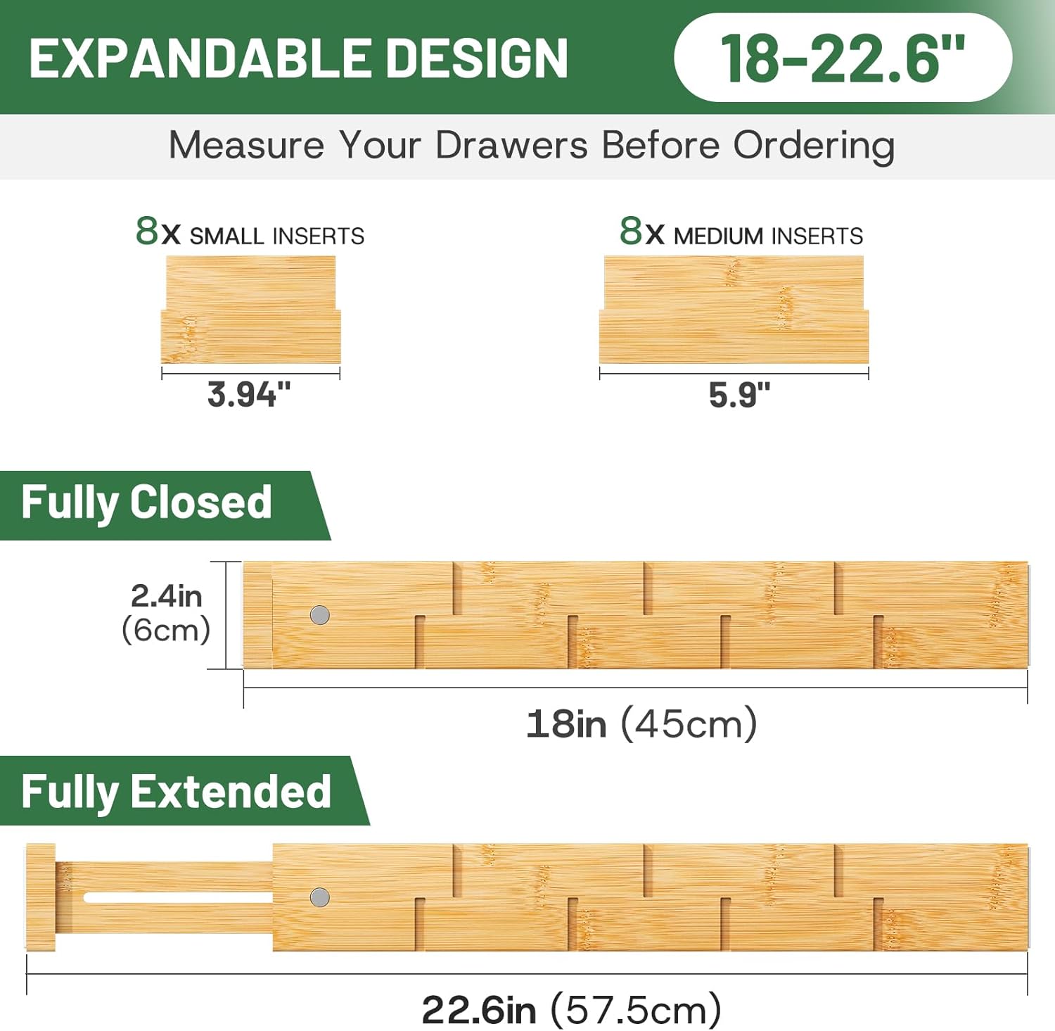kiplant Bamboo Drawer Dividers - Adjustable Drawer Dividers for Clothes, Kitchen, Closet & Office - 8 Pack with Inserts, 18-22.6 Inches, Non-Slip Silicone Ends