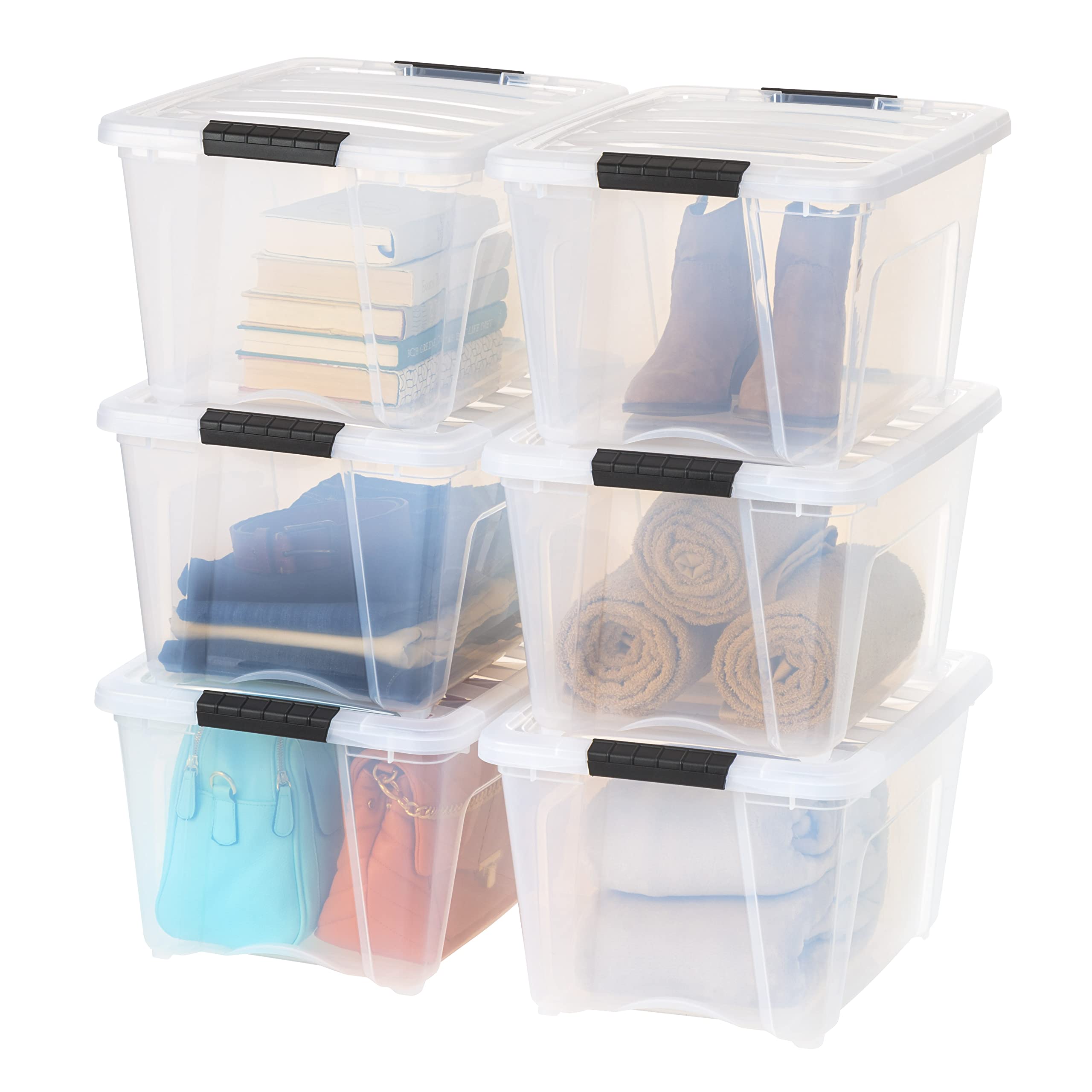 IRIS USA 54 Qt Stackable Plastic Storage Bins with Lids, 6 Pack - BPA-Free, Made in USA - See-Through Organizing Solution, Latches, Durable Nestable Containers, Secure Pull Handle - Clear